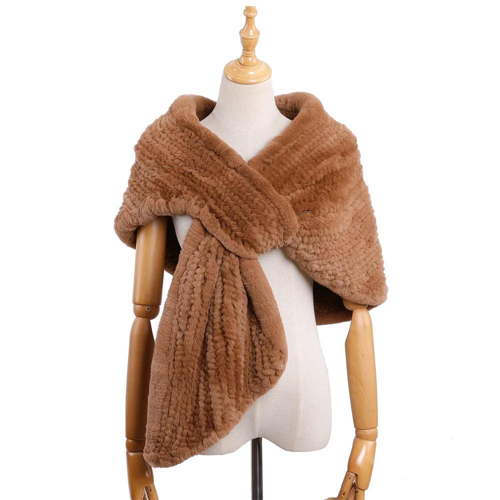 Luxury Hand-Knitted Women's Winter Rex Rabbit Fur Cape Shawl - Warm Elegant Wrap for Cold Weather, Parties & Special Occasions