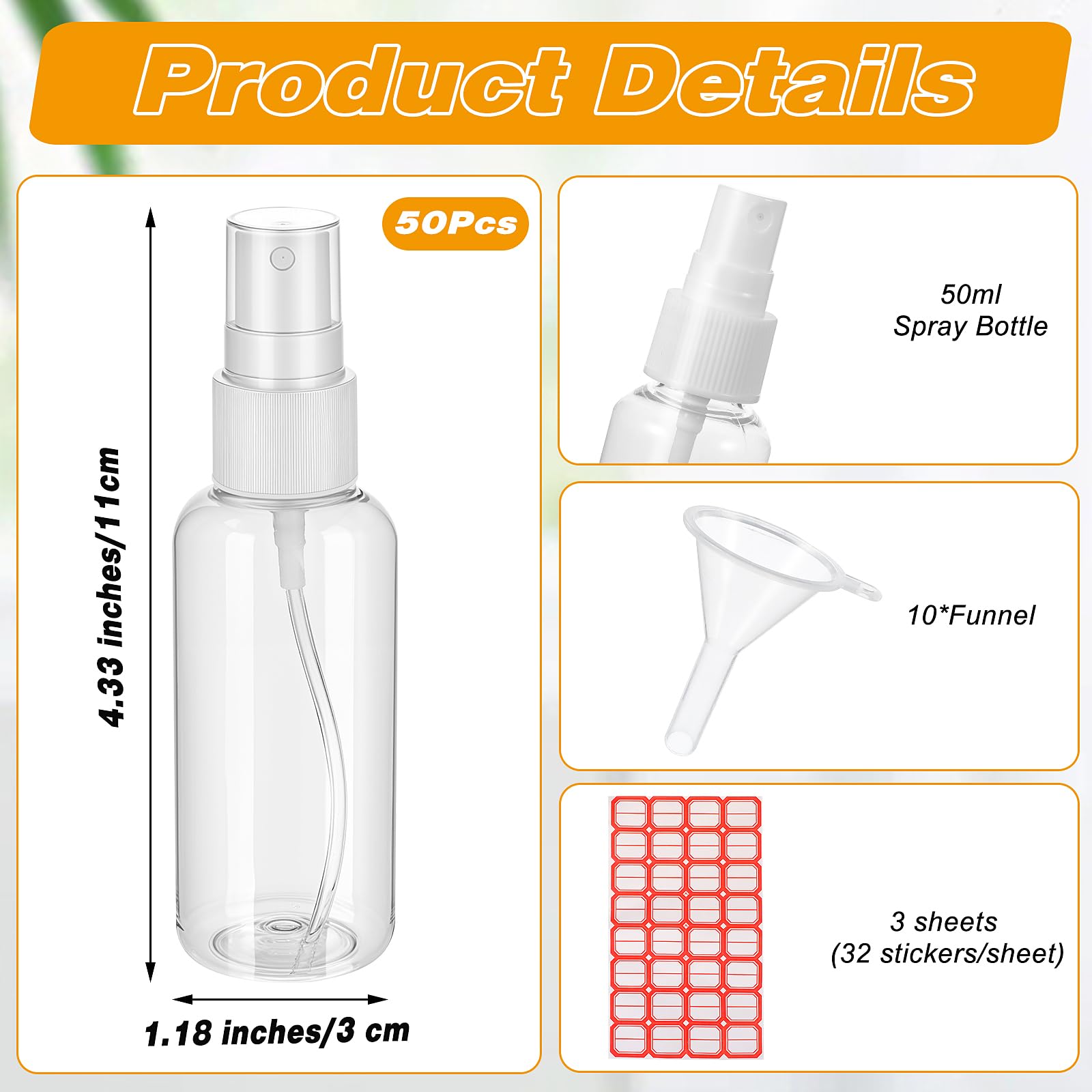 50 Pack 2 oz Clear Plastic Spray Bottles - Empty Refillable Travel Size Spritzer with Fine Mist Nozzle | Perfect for Toiletries, Hair Care, Cleaning Solutions & DIY Projects