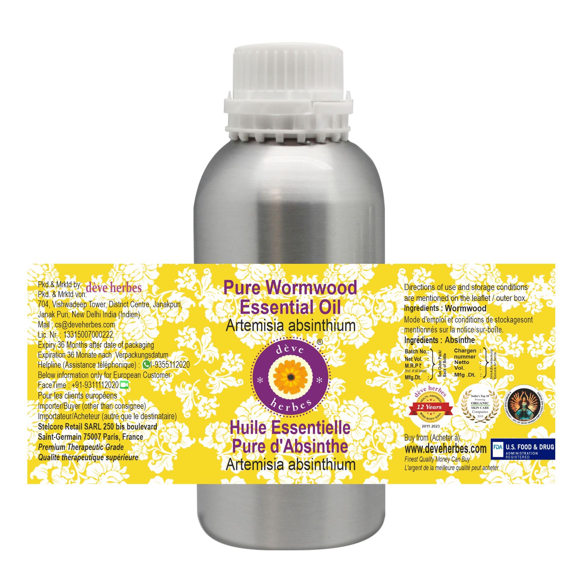 Deve Herbes Pure Wormwood Essential Oil (Artemisia Absinthium) - 630ml (21 oz) Steam Distilled for Aromatherapy, Massage & Natural Remedies | Relaxation, Skin Care & Home Fragrance