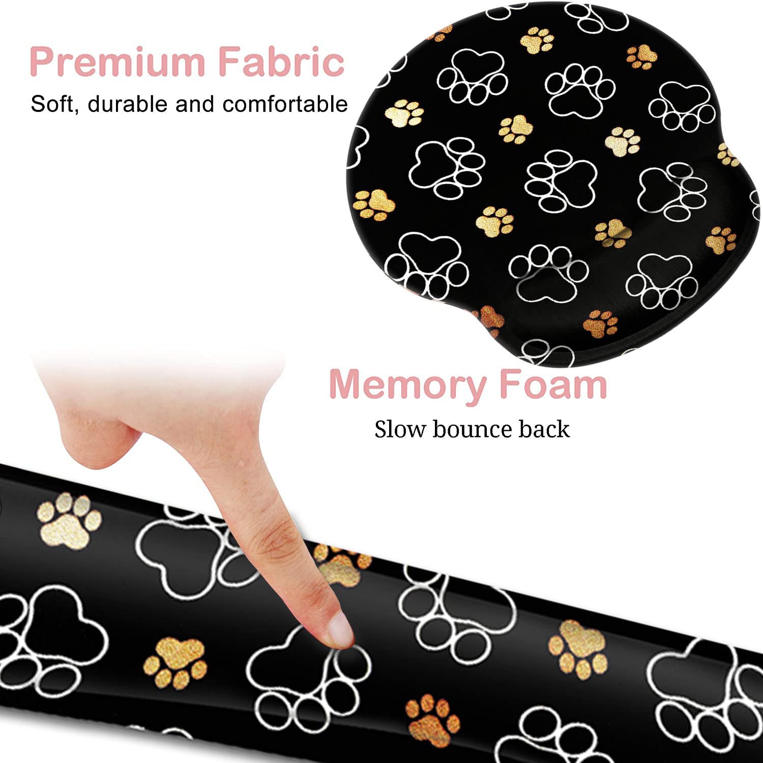 Ergonomic Keyboard Wrist Rest & Mouse Pad Set with Memory Foam & Gel Support - Cute Dog Paw Prints in Gold & White for Pain Relief & Comfort - Perfect for Office, Gaming & Long Computer Work Sessions
