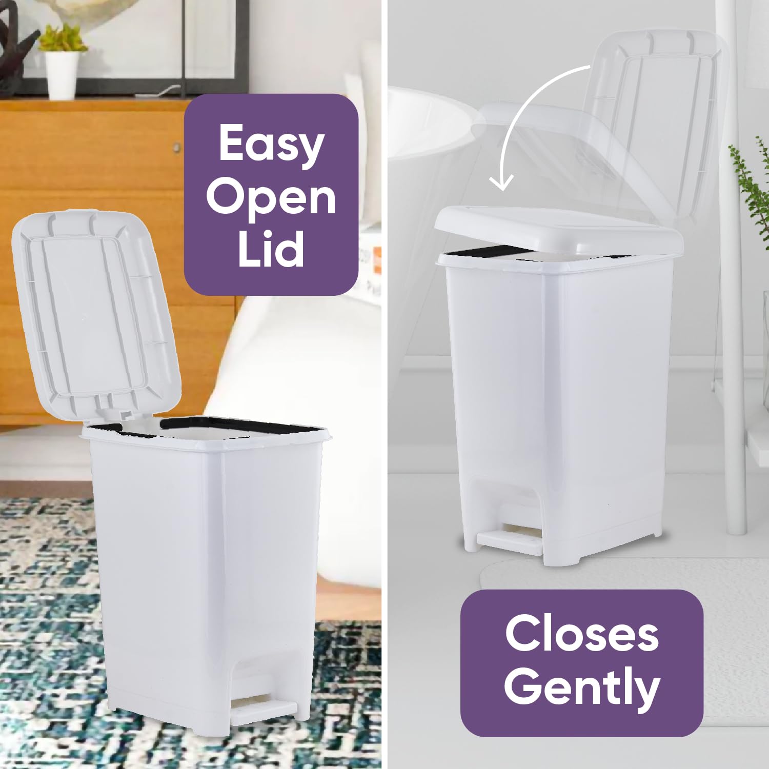 Superio 6.5 Gallon Slim Step-On Trash Can with Lid - Hands-Free Foot Pedal Garbage Bin for Kitchen, Bathroom, Office, Bedroom, RV, Dorm & Patio - White Smoke - Perfect for Small Spaces & Hygienic Waste Disposal