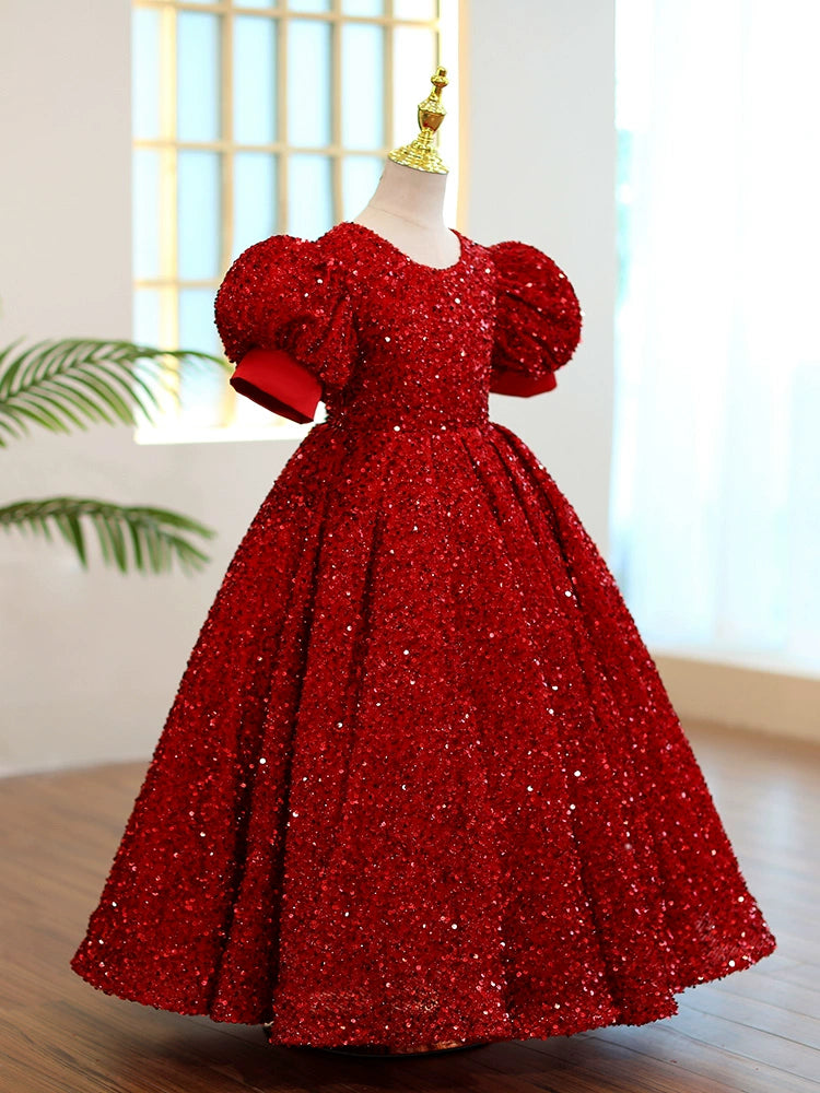 Burgundy Princess Round Floor Length Sequined Flower Girl Dress - Perfect for Weddings, Pageants & Special Occasions