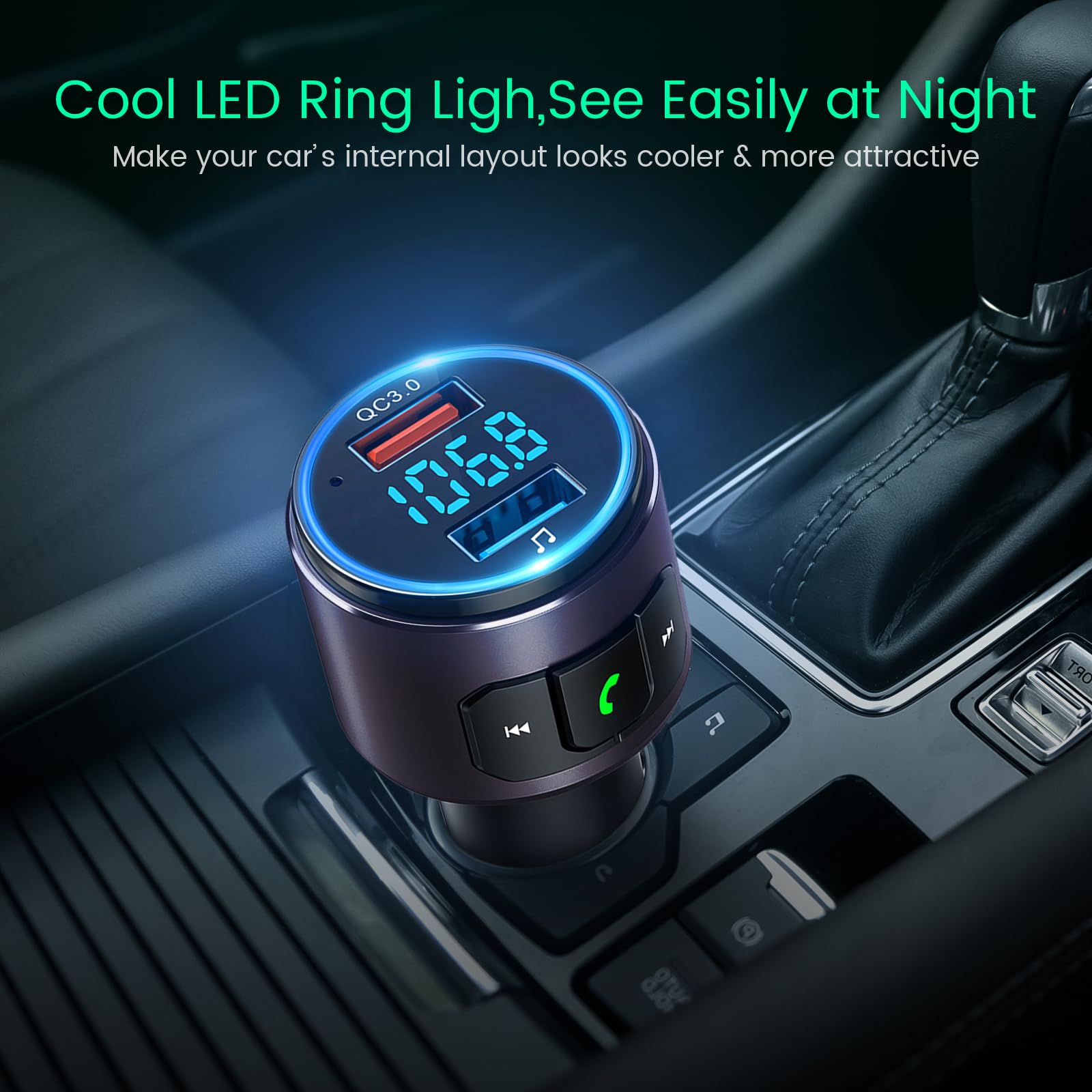 Upgraded V5.3 FM Bluetooth Transmitter for Car - QC3.0 Fast Charging, LED Backlit Wireless Bluetooth FM Radio Adapter with Siri & Google Assistant - Hands-Free Music Player & Car Kit (Brown) - Perfect for Road Trips, Commuting & Wireless Audio Streaming