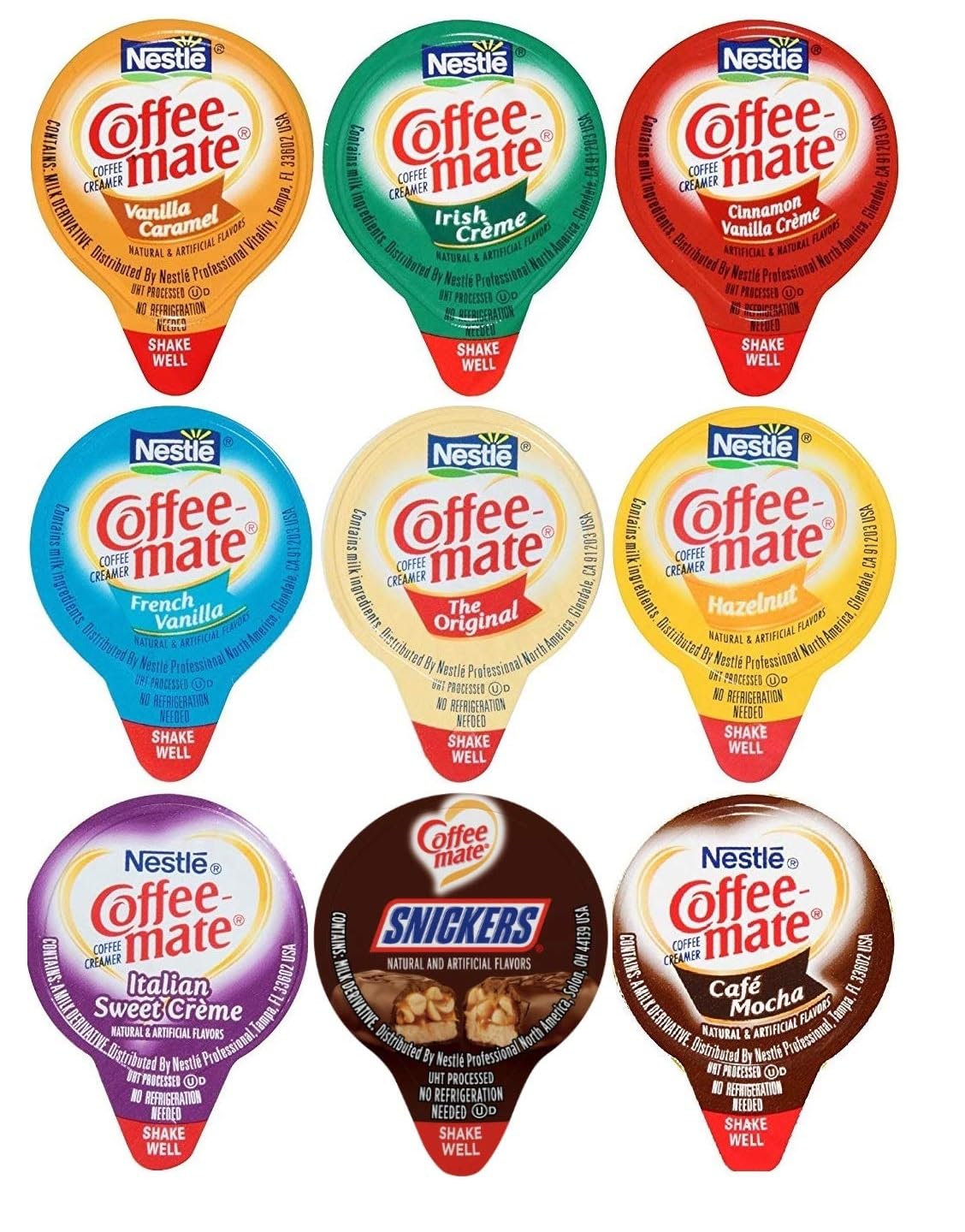 Non-Dairy Coffee Creamer Singles Liquid - 6-9 Flavor Variety Pack (36 Count) | No Refrigeration Needed | Includes Stirrer & Bag Clip | Perfect for Office, Travel & Home Use