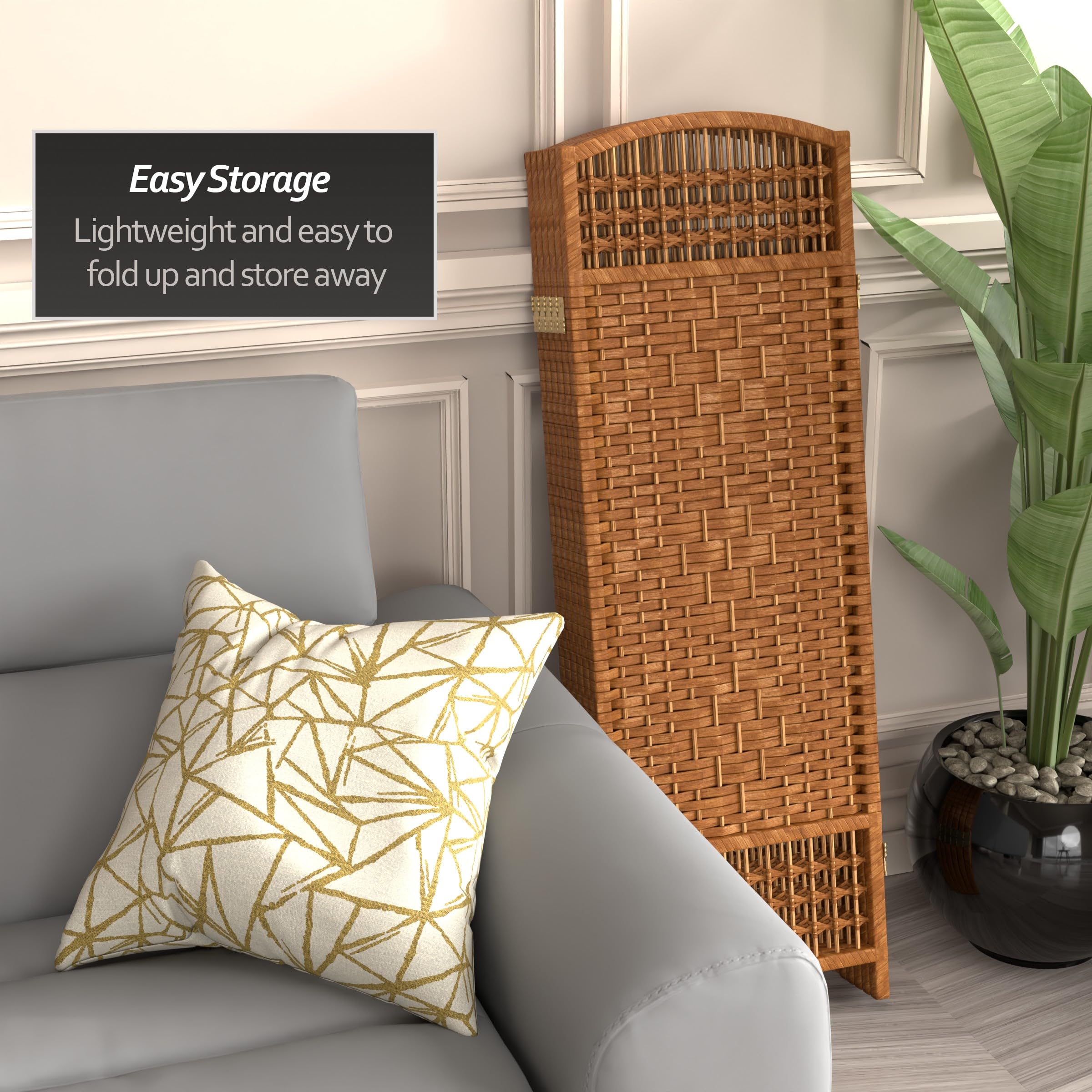 4 ft. Short Fiber Weave Folding Room Divider - Dark Beige 6-Panel Privacy Screen for Home, Office & Events | Space Separator for Living Room, Bedroom & Wedding Decor