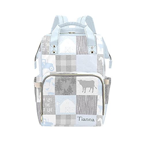 Waterproof Farm Life Patchwork Blue Diaper Backpack - Personalized Name Baby Bag for Nursing Moms, Large Tote Organizer with Insulated Pockets | Perfect for Daycare, Travel & On-the-Go Parenting Essentials
