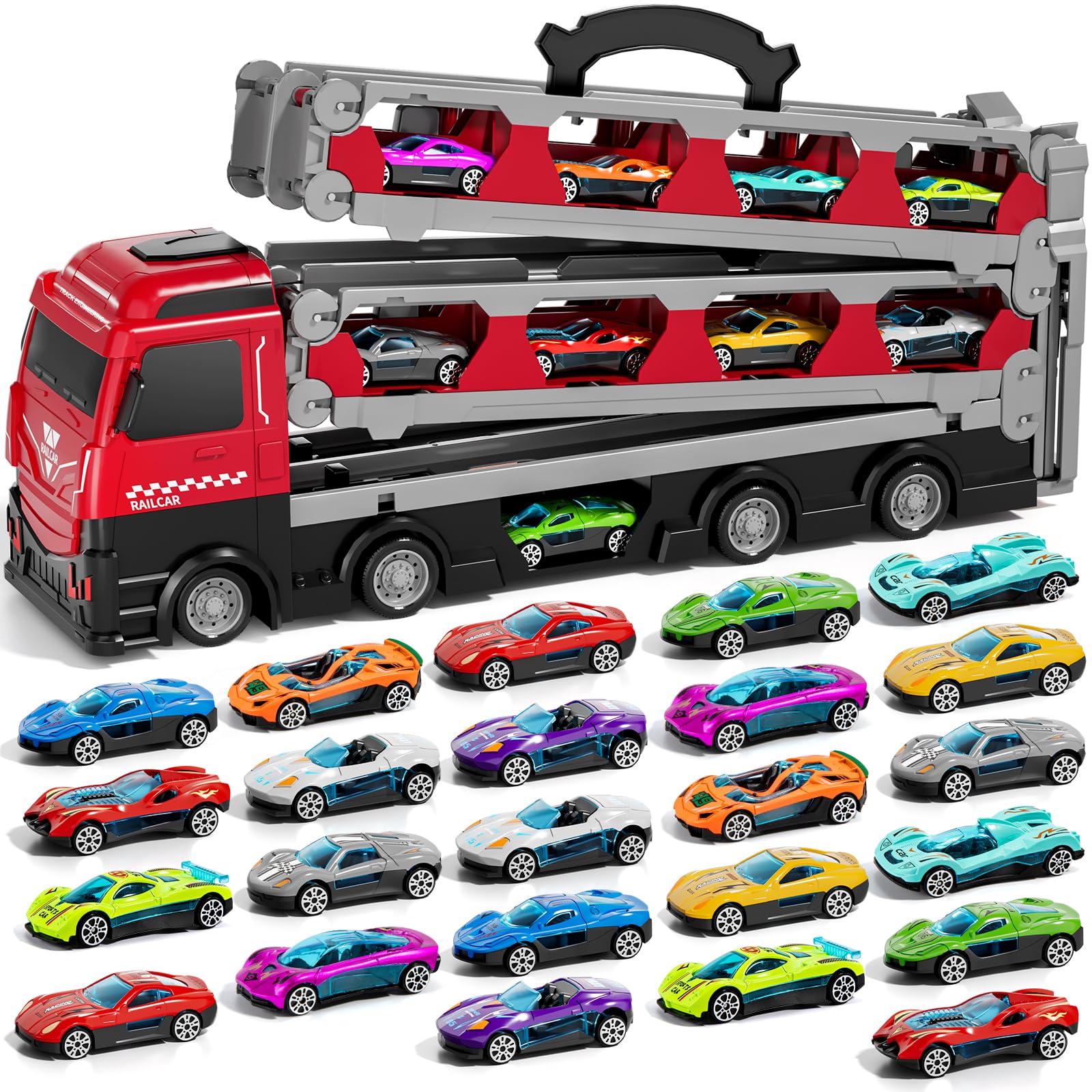 iHaHa 78-Inch Large Transport Truck Toy with 24 Die-Cast Cars - Play Vehicle Set for Kids Ages 2-7 - Perfect Gift for Boys & Girls - Red | Pretend Play, Car Storage & Travel Entertainment