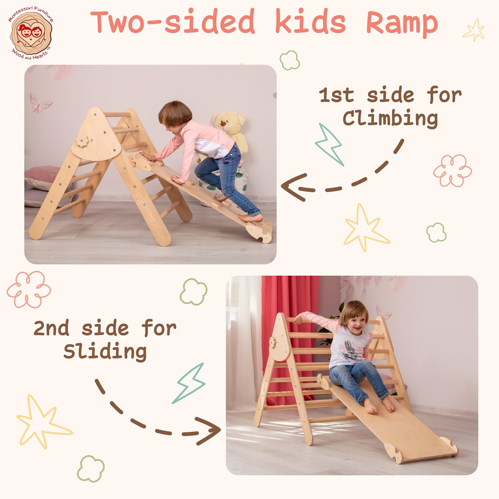 Premium Wooden Montessori Climbing Triangle Set for Toddlers - 3-Piece Wooden Toys with Ramp & Activity Gym | Large Size Baby Climbing Equipment for Indoor Play, Gross Motor Skill Development & Montessori Learning