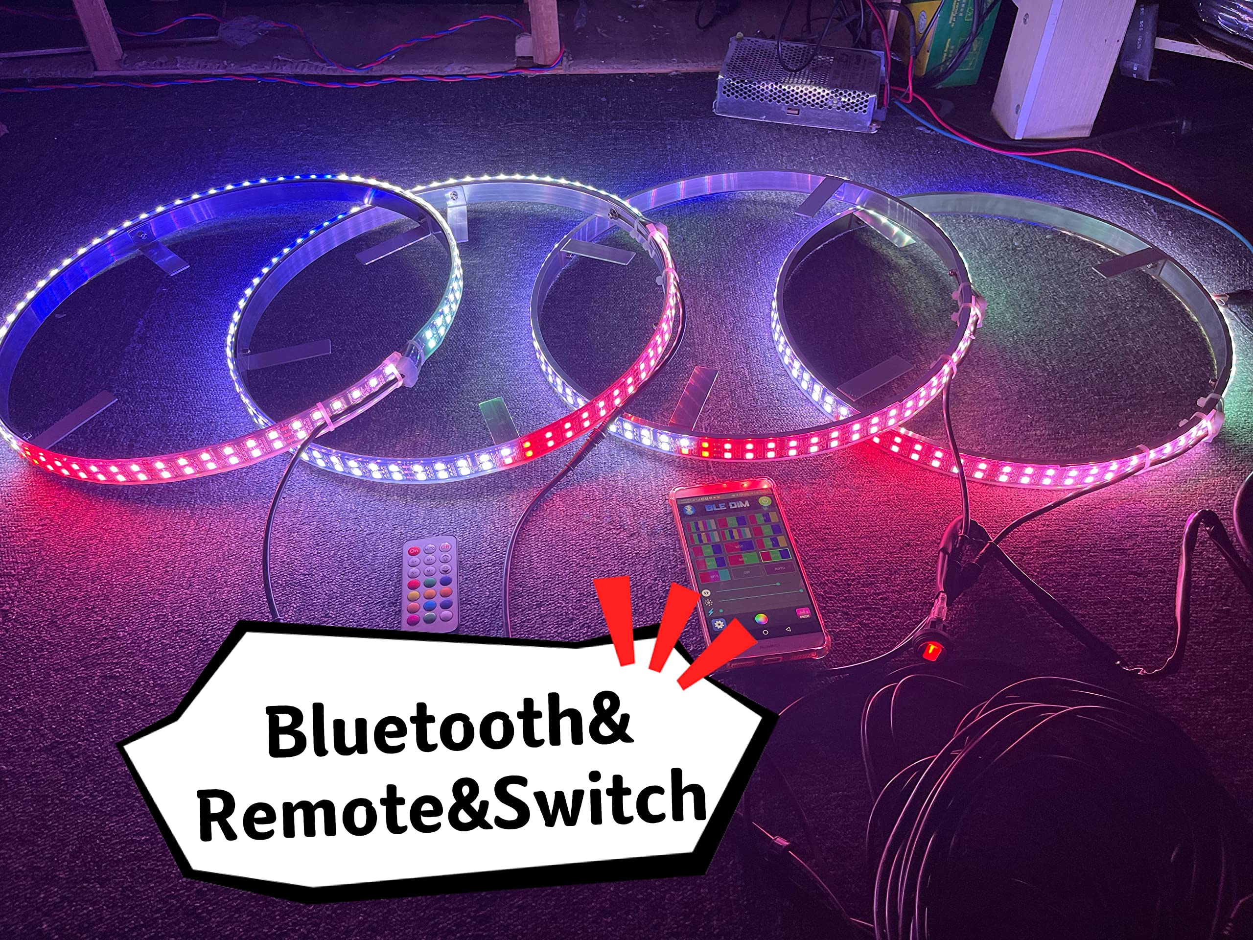 15.5 Inch Dream Color Chasing Double Row LED Wheel Ring Lights - IP68 Waterproof with Turn Signal, Lock & Braking Function - Remote & App Control with ON/OFF Switch - Perfect for Car, Motorcycle & Bike Customization