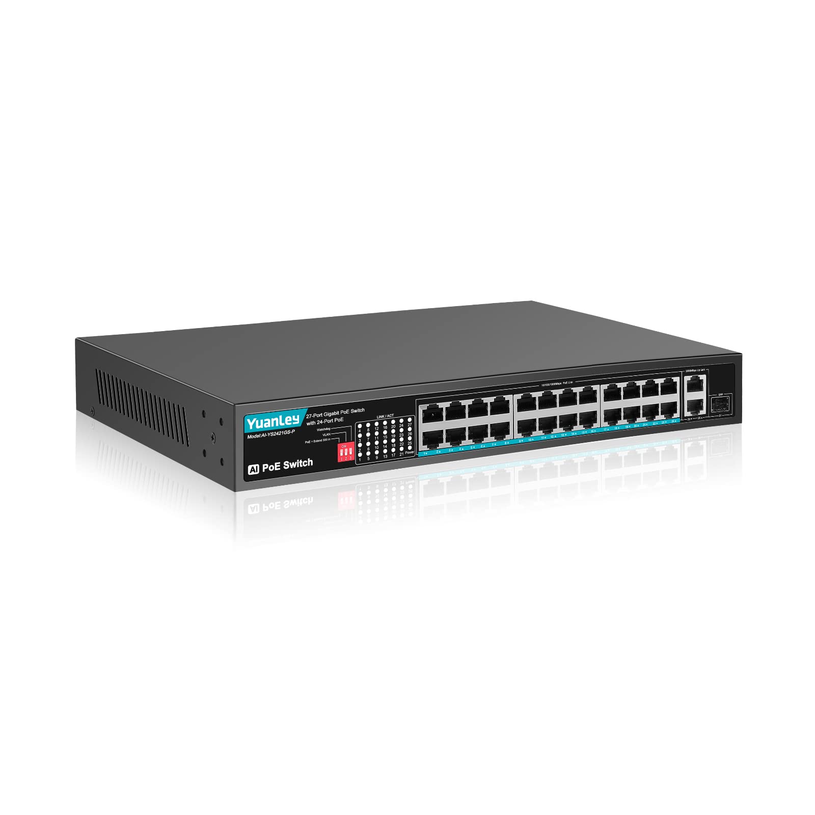 YuanLey 24 Port Gigabit PoE Switch with 2 Gigabit Ethernet Uplink & 1 SFP Port | 400W PoE+ Support 802.3af/at | Fanless Unmanaged Network Switch with AI Watchdog, VLAN & 300m Extension | Super Quiet for Office, Home & Surveillance Networks