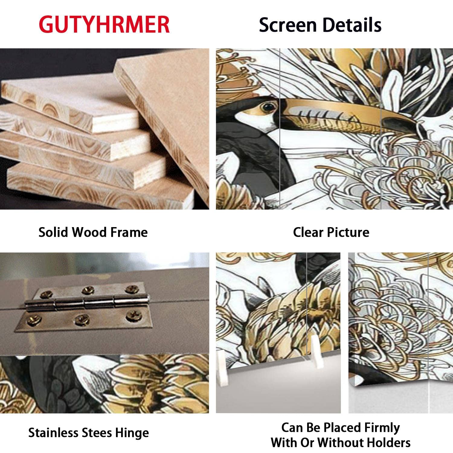 Floral Toucan Canvas Room Divider Screen - 6 Panel Folding Privacy Partition with Gold & Silver Protea Design | Perfect for Home Office, Living Room, Bedroom Separation & Decoration