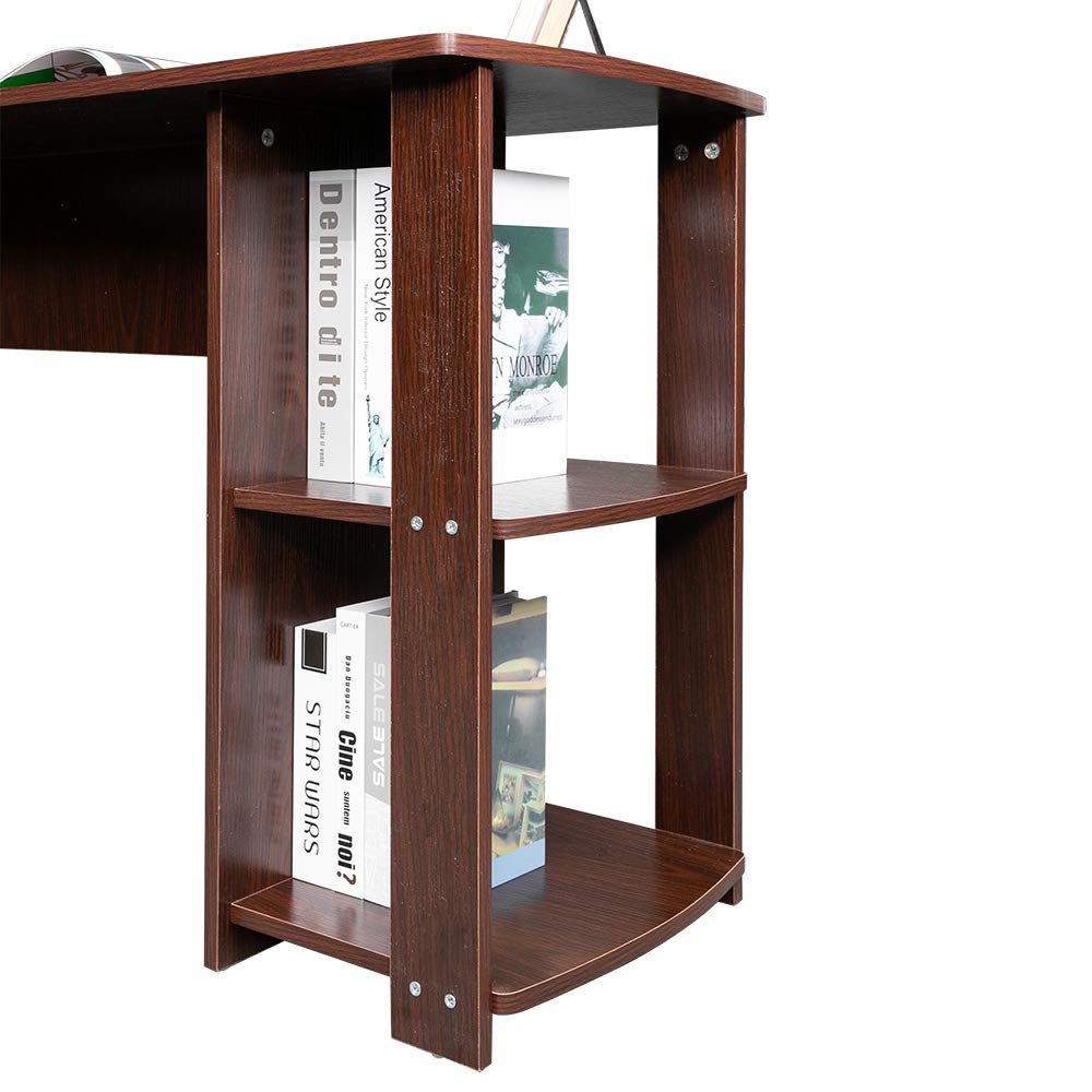 L-Shaped Computer Desk with Two-Tier Bookshelves - Dark Brown Wood Right-Angle Office Desk for Home & Workspace - Perfect for Small Spaces, Gaming Setup & Home Office Organization