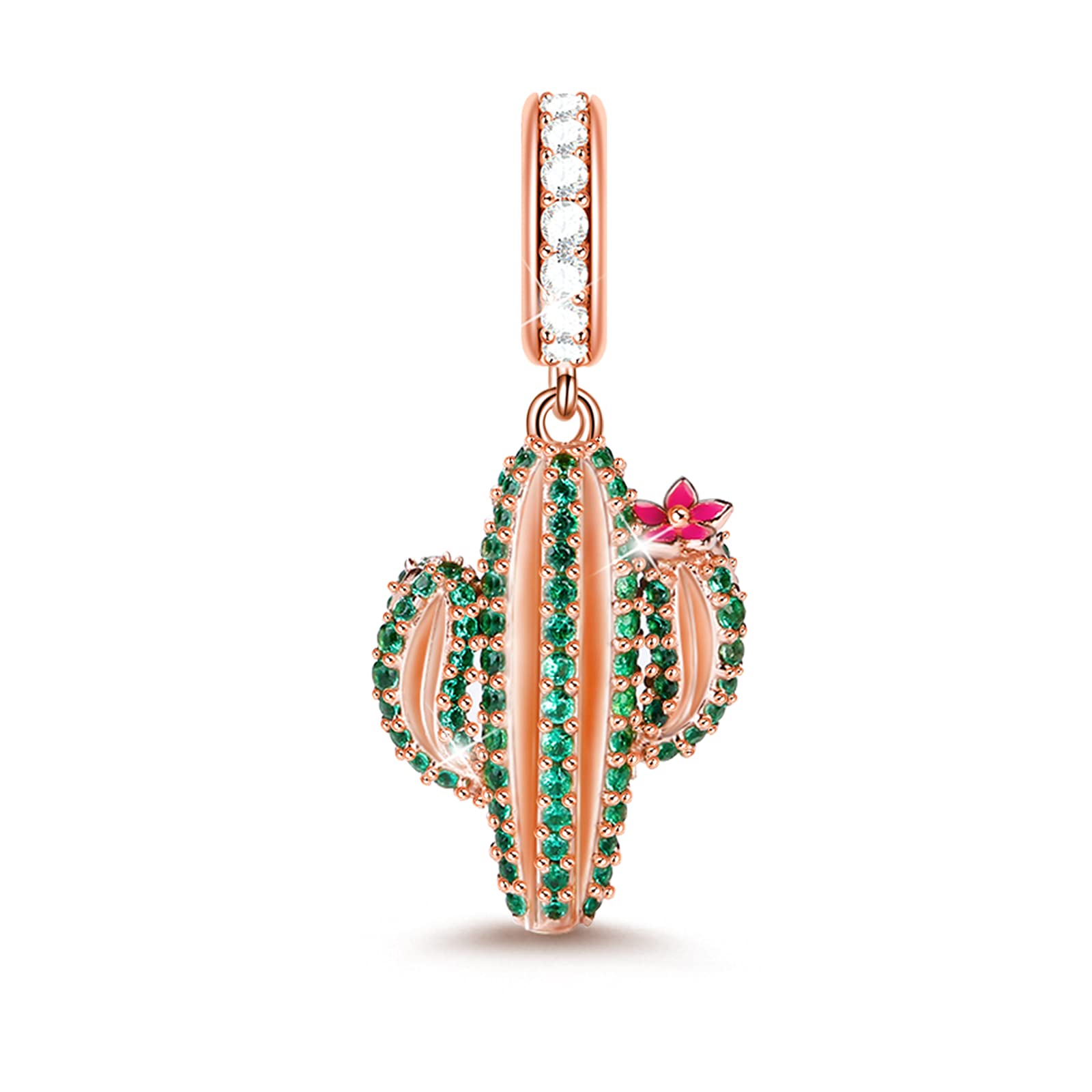 GNOCE 925 Sterling Silver Cactus Charm Beads for Bracelets & Necklaces - Rose Gold Plated with Green Cubic Zirconia, Unconditional Love Dangle Charm - Perfect for Christmas Gifts, Boho Jewelry & Everyday Wear