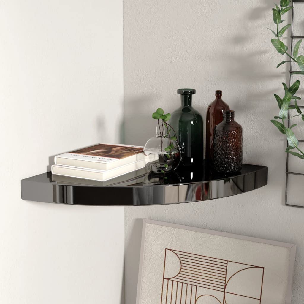 Modern Floating Corner Shelf - High Gloss Black MDF Wall Mounted Storage (13.8