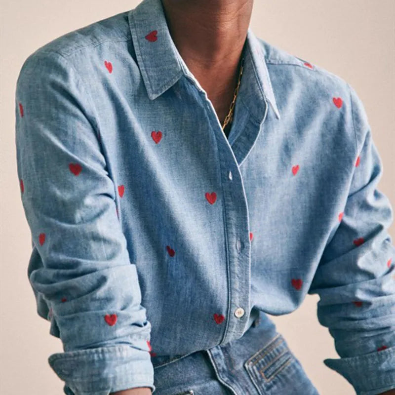 Women's Heart Embroidery Denim Shirt - Turn Down Collar Long Sleeve Blouse for Valentine's Day Gifts | Casual Wear, Date Night Outfit, Romantic Occasion Fashion