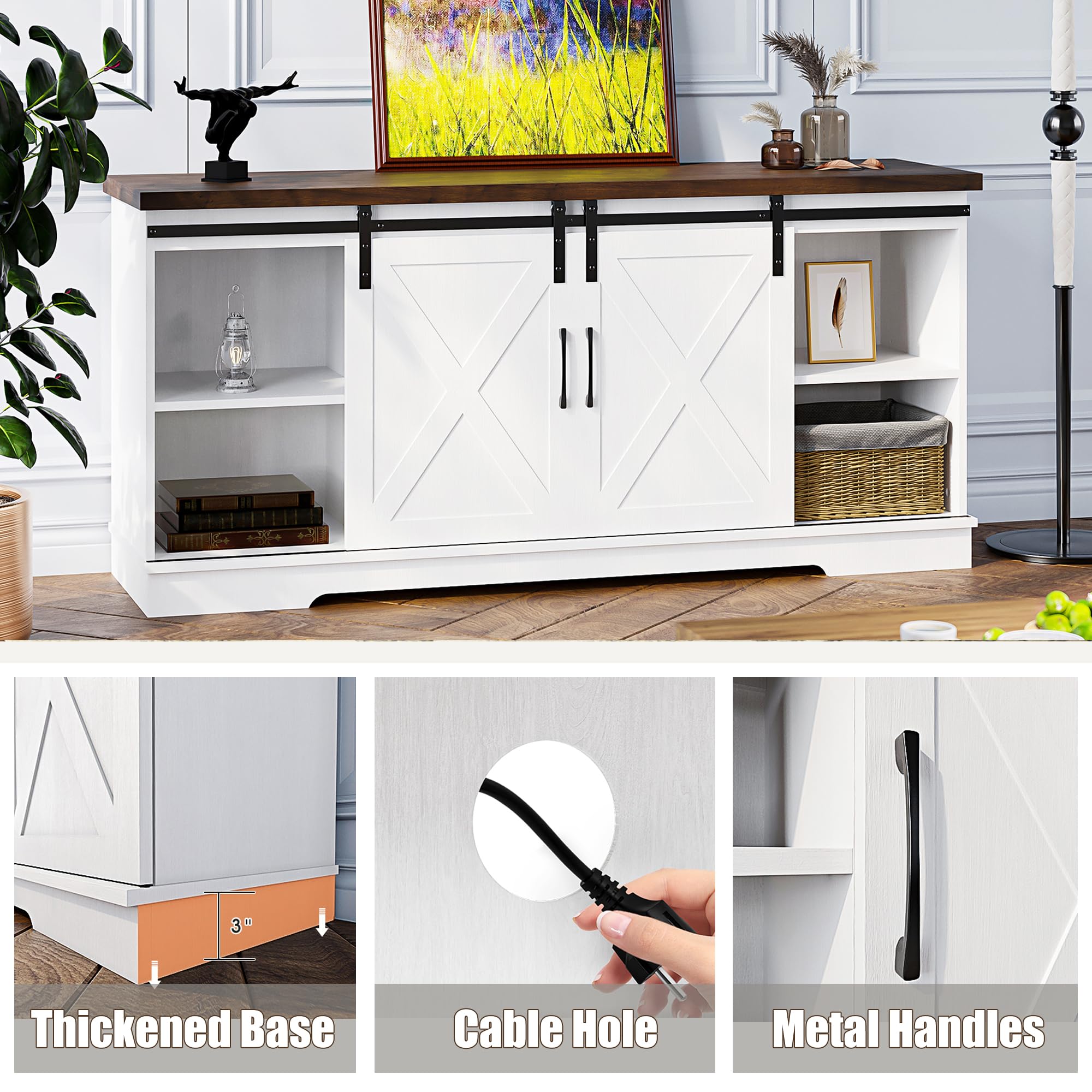 IDEALHOUSE 65 Inch Farmhouse TV Stand with Barn Doors - Rustic Entertainment Center & Media Console Cabinet with Storage Shelves - Modern Living Room Furniture for Home Theater & Family Entertainment (White)