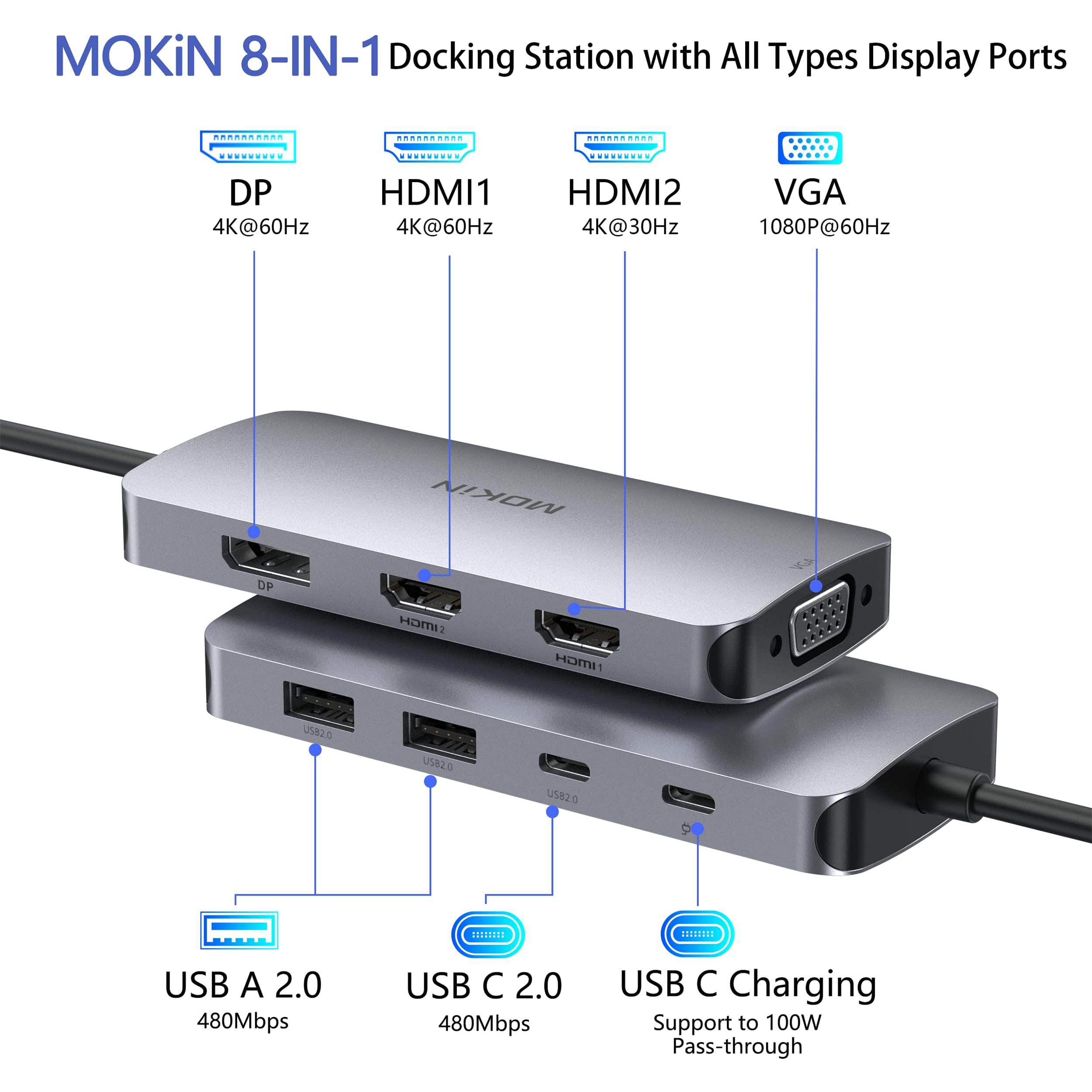 8-in-1 USB C Docking Station with Dual HDMI, DisplayPort & VGA, 100W PD, 3 USB 2.0 Ports - Quad Display USB C Hub for Dell, HP, Lenovo, ASUS, Microsoft - Perfect for Home Office, Remote Work & Multi-Monitor Setup