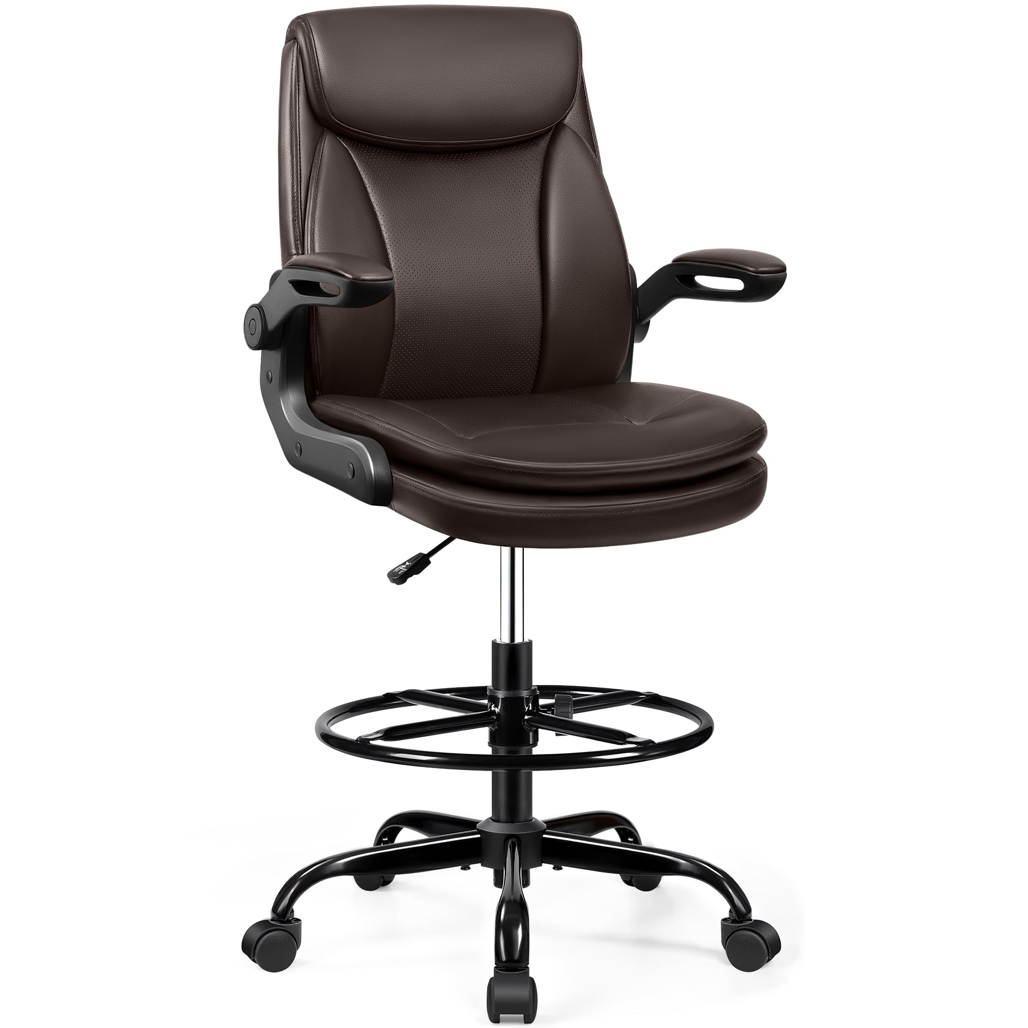 Ergonomic Drafting Chair - Adjustable Height Leather Office Chair with Flip-Up Armrests & Foot Ring - Lumbar Support for Home, Office & Studio - Comfortable Executive Desk Chair (Brown) - Perfect for Architects, Artists & Long Work Sessions