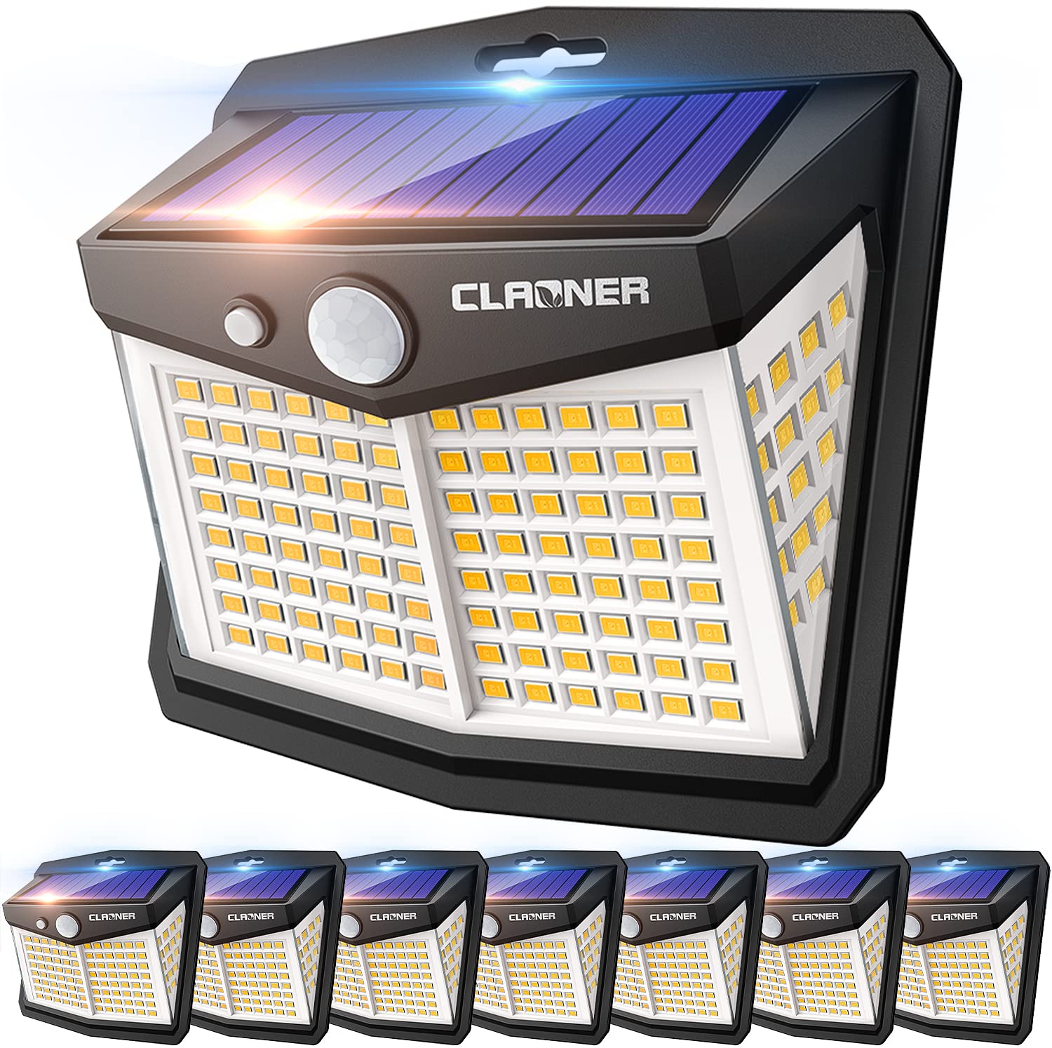 CLAONER 8 Pack Solar Motion Sensor Lights Outdoor - 128 LED Solar Wall Lights with 270° Wide Angle, 3 Modes (Warm White), IP65 Waterproof Wireless Security Lights for Fence, Yard, Garden, Pathway & Driveway Lighting