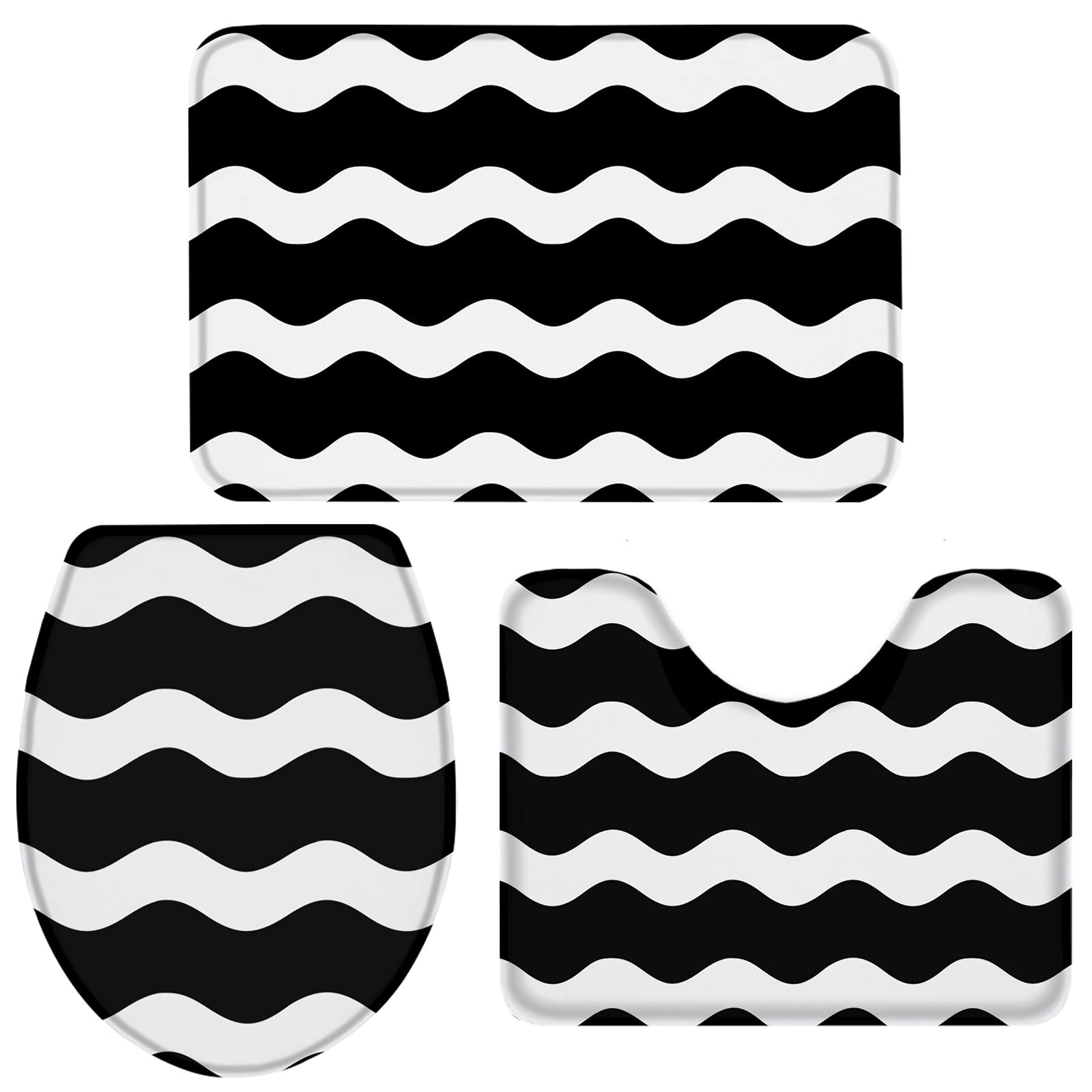 3-Piece Non-Slip Bathroom Rug Set - Absorbent Black & White Wave Design Bath Mat, Contour Mat & Toilet Cover - Soft Shower Mats for Modern Bathrooms - Perfect for Bathroom Safety and Minimalist Decor