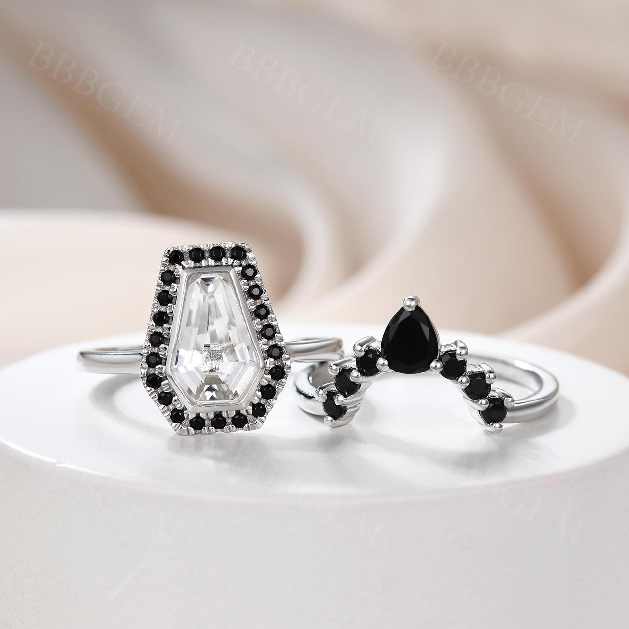 14K White Gold Coffin Cut White Topaz & Black Diamond Gothic Engagement Ring Set (2-Piece) – Perfect for Dark Romance Weddings, Gothic Proposals, and Alternative Jewelry Lovers
