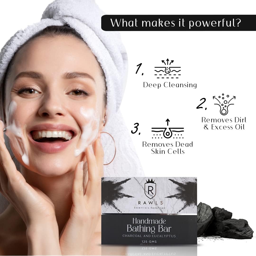 Rawls Charcoal Bath Soap for Men & Women - Activated Charcoal & Eucalyptus Oil Deep Cleansing Bar, Handmade Anti-Pollution Soap, Paraben-Free 125g - Perfect for Detox & Acne-Prone Skin