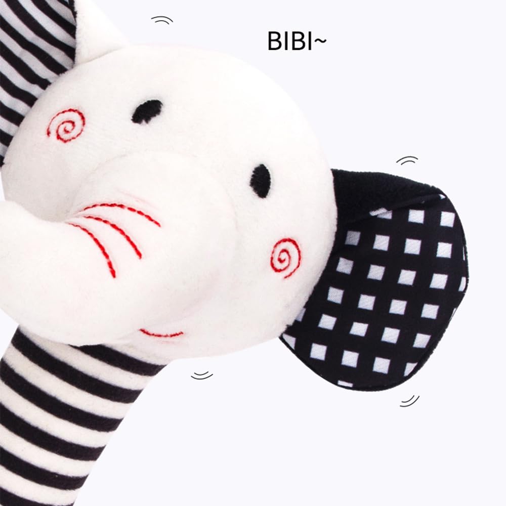 Soft Plush Elephant Rattle Toy with Teether & Sound - Black & White Developmental Baby Toys 0-12 Months for Newborns - Perfect for Tummy Time, Sensory Play & Early Learning