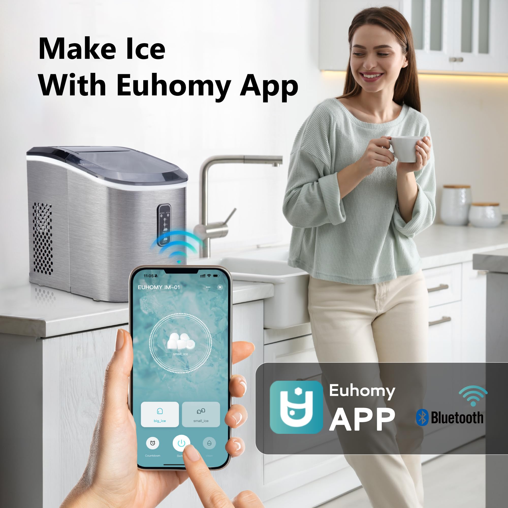 EUHOMY Portable Countertop Ice Maker - 26lbs Daily Output, 9 Ice Cubes in 8 Minutes, Self-Cleaning Smart Ice Machine with Scoop & Basket for Home, Kitchen, Office, Bar, RV (Silver) | Fast Cooling for Drinks, Parties & Outdoor Activities