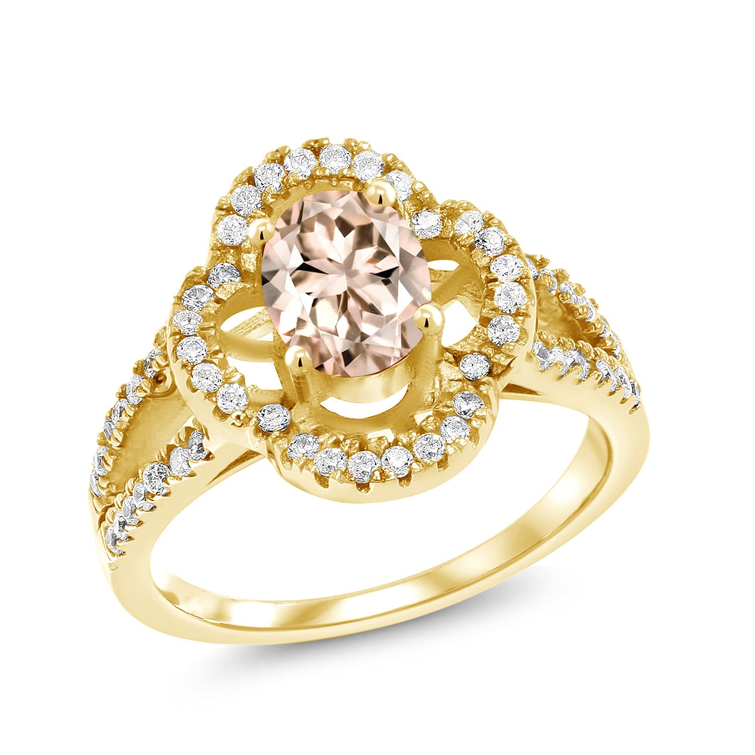 1.37 Ct Oval Peach Morganite Ring - 18K Yellow Gold Plated Sterling Silver - Gem Stone King - Perfect for Engagement, Wedding & Anniversary Gifts