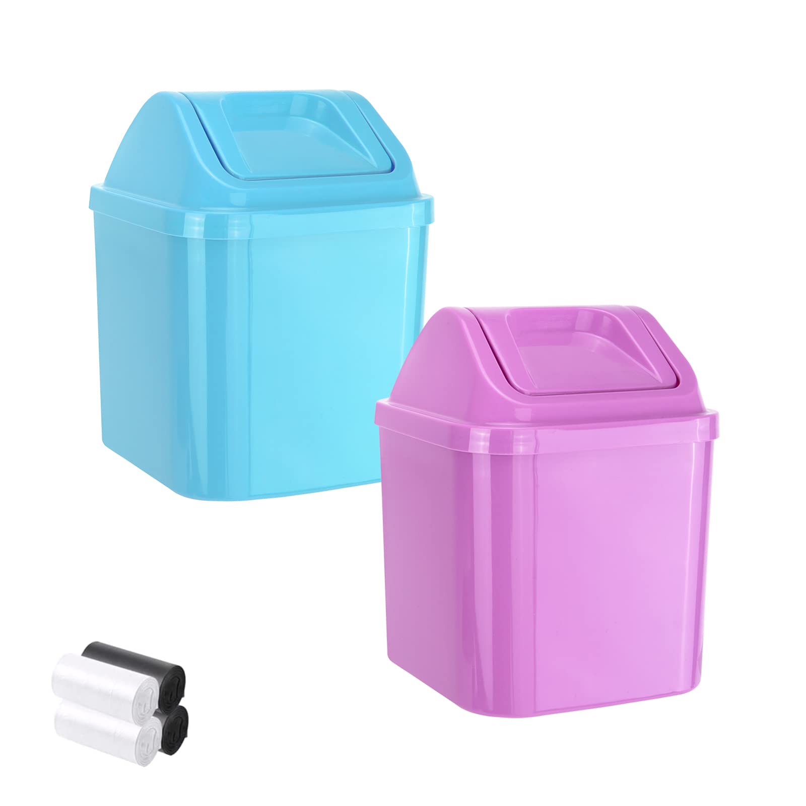 2 Pack Mini Plastic Trash Can with Swing Lid - Includes 4 Rolls Trash Bags - Small Waste Bin for Office Desk, Kitchen Counter, Bathroom, Bedroom & Vanity (Blue + Purple) - Perfect for Home, Office & Travel Use