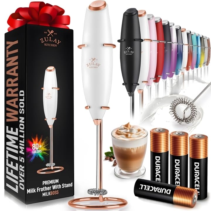 Zulay Powerful Milk Frother Handheld Electric Whisk - 4 Duracell Batteries Included - Coffee Latte Cappuccino Matcha Foam Maker - Rose Gold & White - Perfect for Home, Office & Cafe Use
