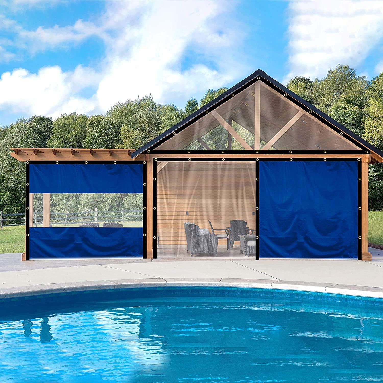 12 oz Vinyl Clear Panel Outdoor Curtains - Waterproof & Weather Resistant Patio Covers with Brass Grommets for Pergola, Porch, Gazebo, Balcony - Perfect for Sun Protection, Privacy & Outdoor Living (15' H x 9' W, Gray)