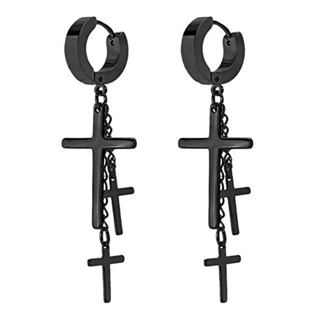 MIGUO STORE Stainless Steel Gothic Cross Earrings for Men & Women - Dangling Hoop Earrings with Music & Rock Band Symbols - Black & Silver Jewelry for Concerts, Parties & Gothic Fashion
