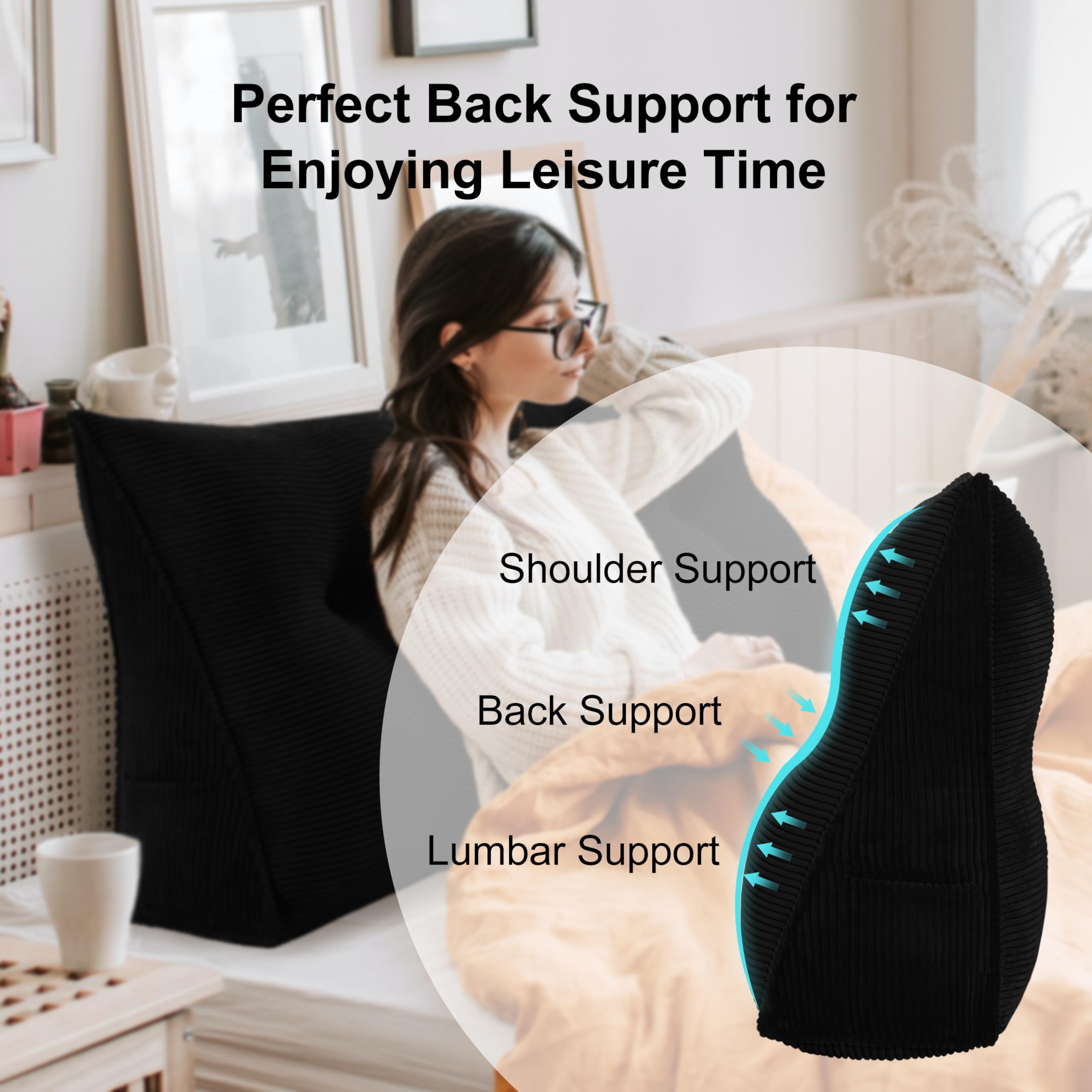 Triangular Headboard Pillow for Twin Bed - Large Wedge Bolster Pillow with Removable Corduroy Cover (100% Cotton, Black) - Perfect for Daybeds, Reading in Bed & Back Support