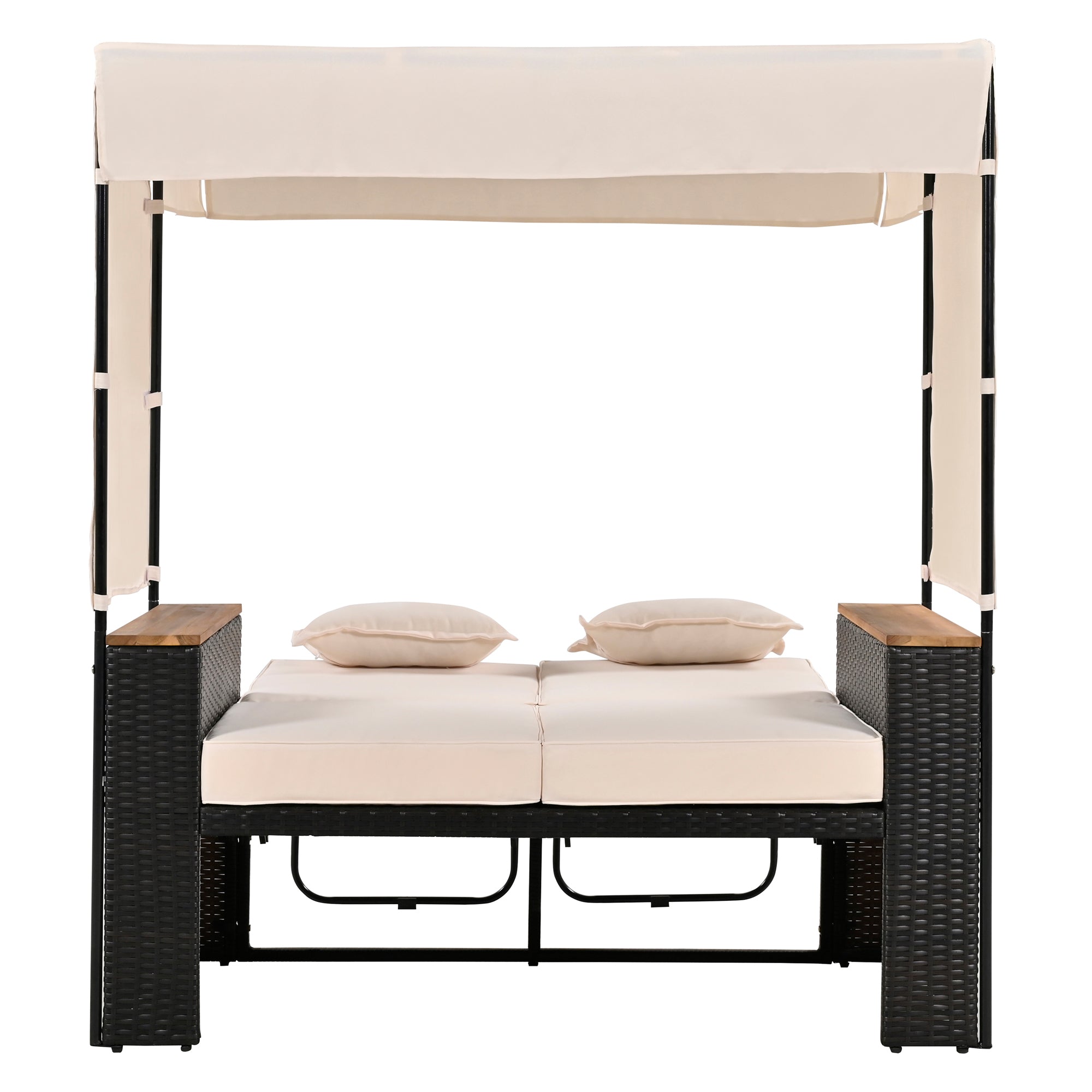 2 Piece Outdoor Rattan Daybed with Bench Lounge Roof Set & Cushions - Waterproof Wicker Patio Furniture for Poolside, Backyard, Garden - Perfect for Sunbathing, Relaxing & Outdoor Entertaining