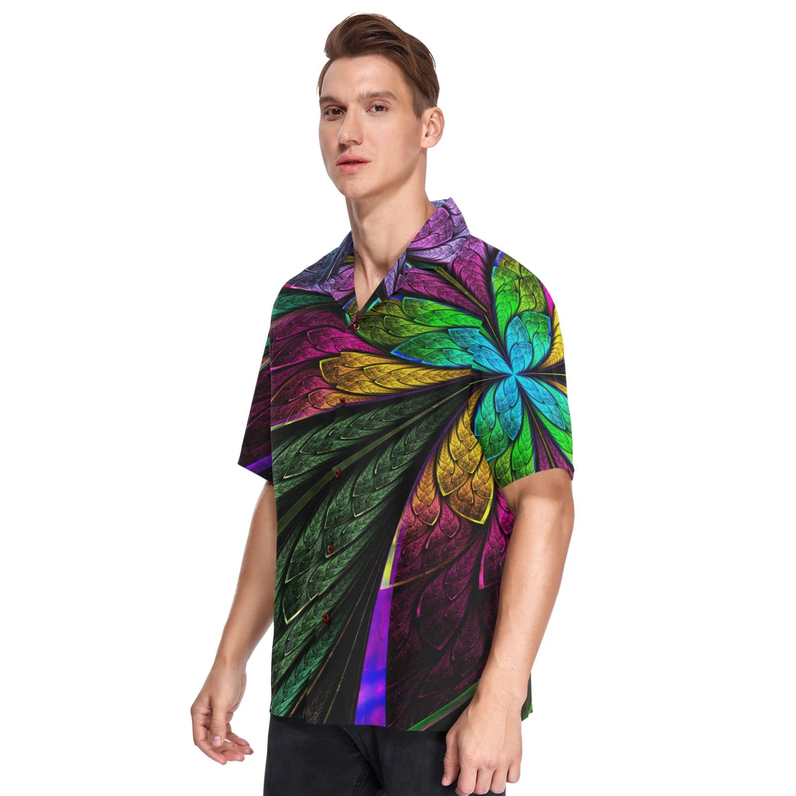Floral Hawaiian Shirts for Men - Short Sleeve Casual Aloha Button Down Shirt with Fractal Flower Design | Perfect for Beach Vacations, Summer Parties & Tropical Getaways