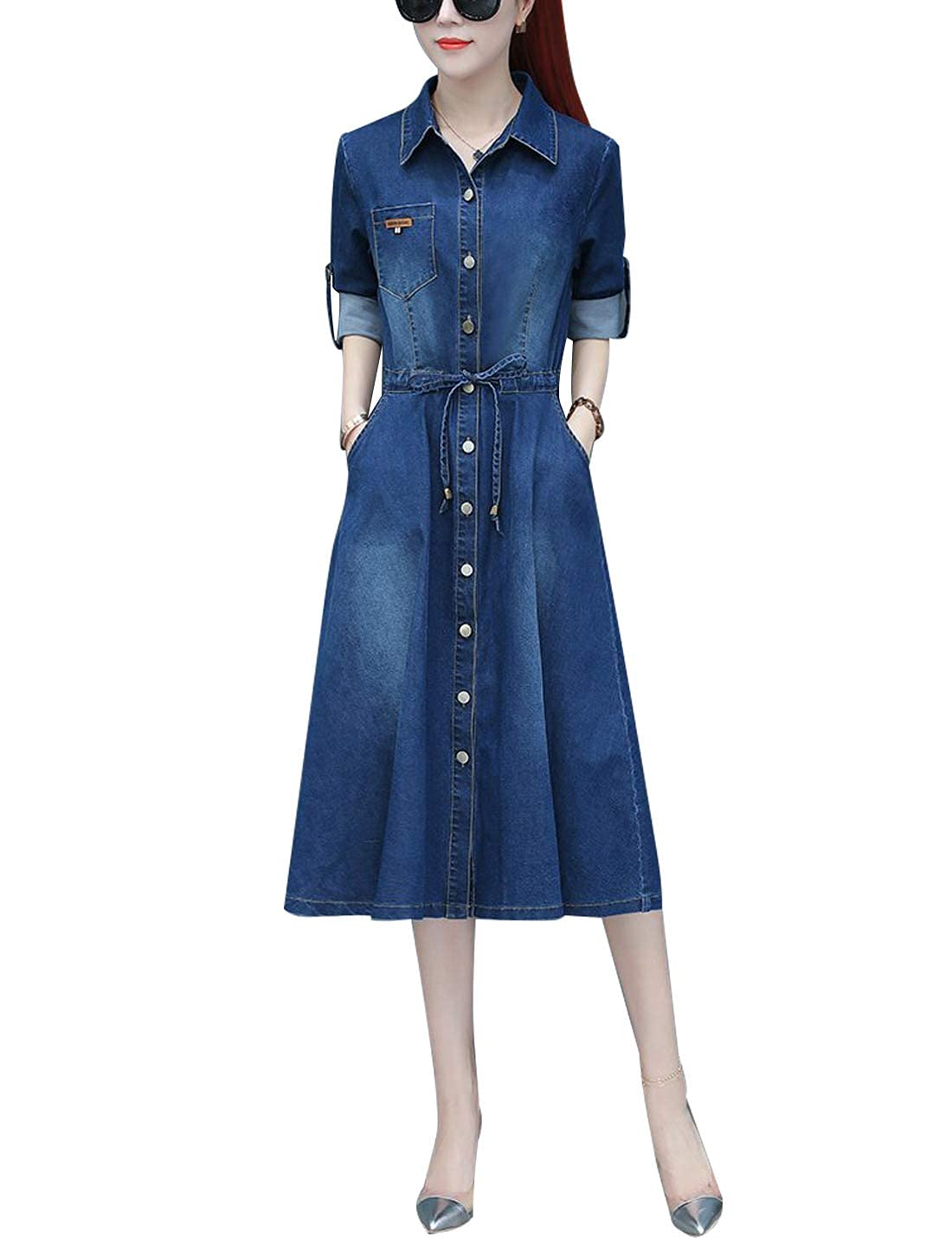 Omoone Women's Denim Dress with Lapel & Belt - Long Sleeve Mid-Length Jean Jacket - Perfect for Casual Outings, Date Nights & Spring Layering