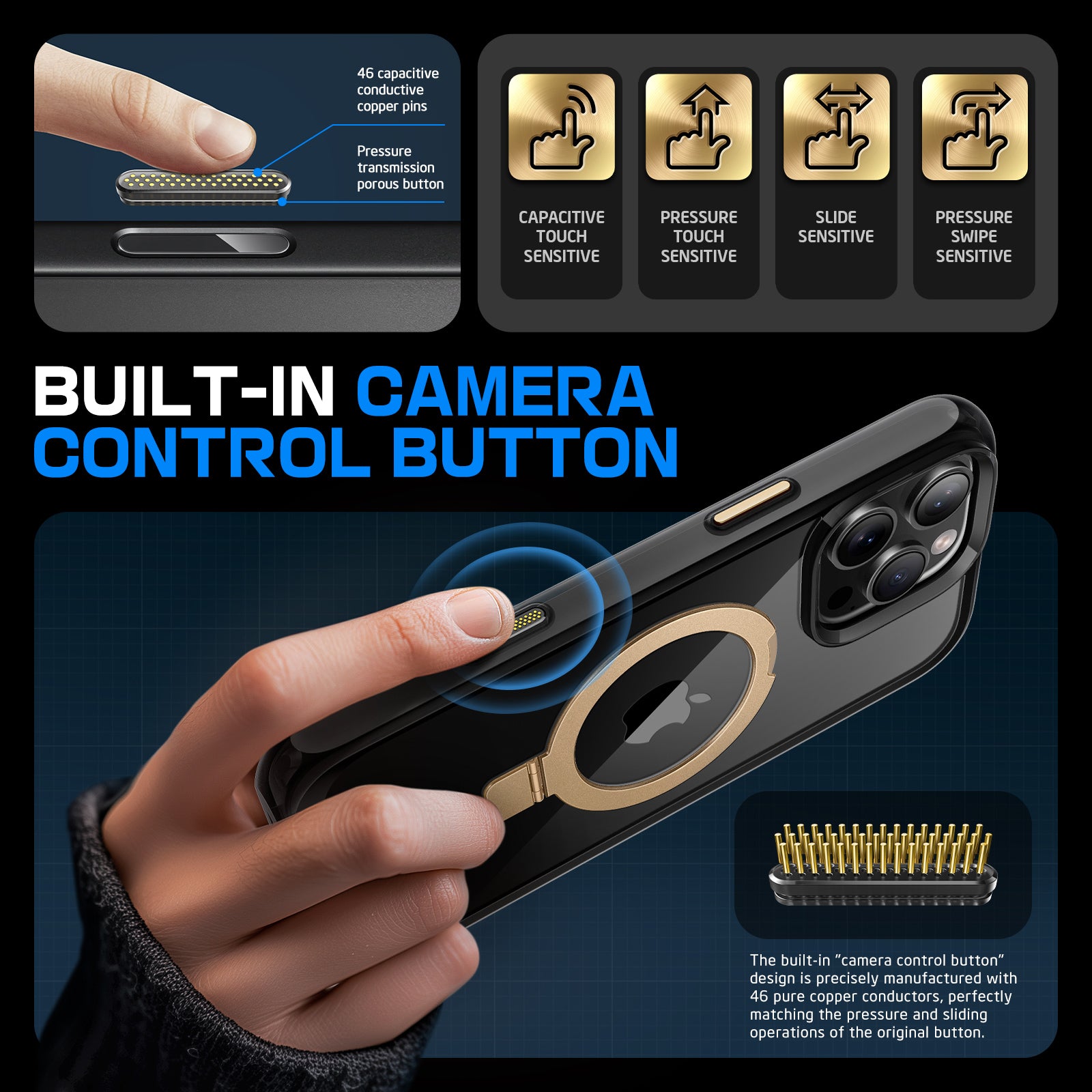 iPhone 16 Pro Case 6.3 Inch - Unicorn Beetle MAG Stand Slim Clear Protective Cover with MagSafe & Camera Control Button - Gold | Perfect for Everyday Use, Travel & Wireless Charging
