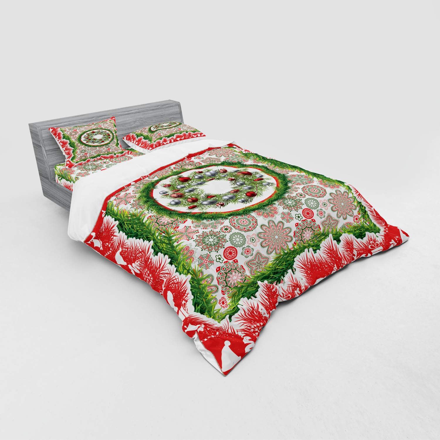 Ambesonne Christmas Bedding Set 4-Piece - Fir Tree Wreath with Baubles, Flowers & Bells Print Duvet Cover, Shams & Fitted Sheet - California King Size Holiday Decor - Perfect for Festive Bedroom Decorations & Christmas Gift Giving