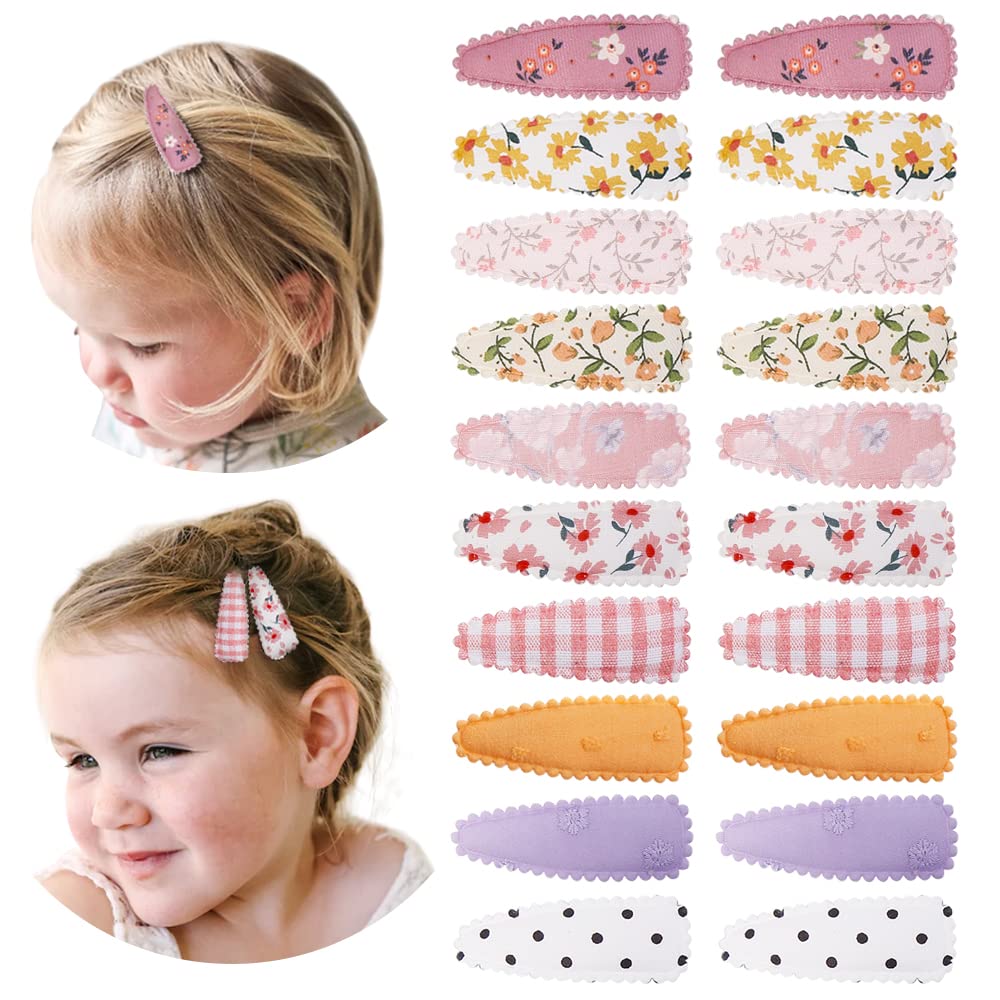 20 Pcs Floral Print Non-Slip Hair Clips for Toddler Girls - Soft Wrapped Snap Barrettes Baby Hair Accessories (Light Colors) - Perfect for School, Parties & Daily Styling