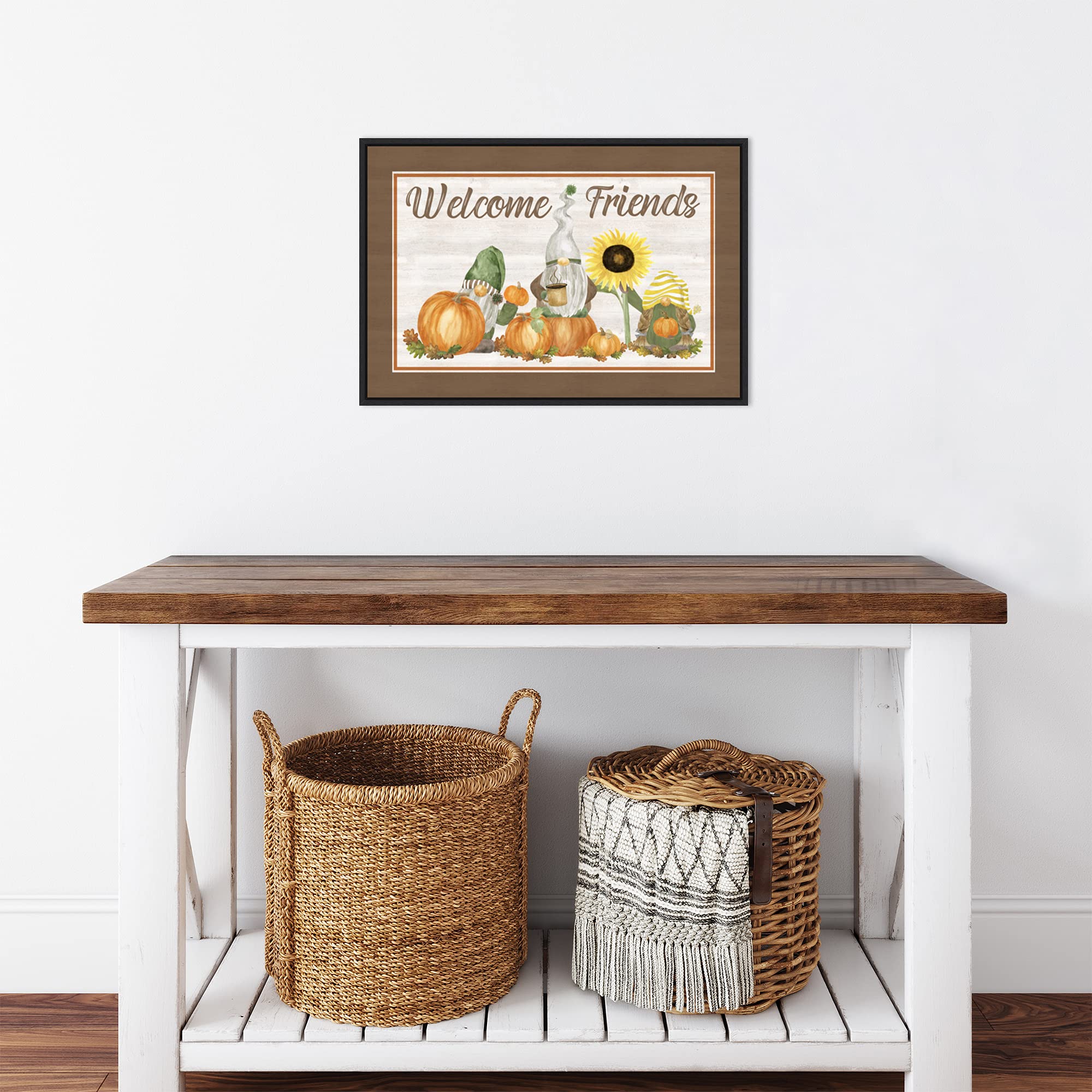 Amanti Art Framed Canvas Wall Art 16x23 - Fall Gnomes Landscape II 'Welcome Friends' by Tara Reed | Seasonal Home Decor, Modern Framed Painting for Living Room, Bedroom & Office | Ready-to-Hang Wall Art