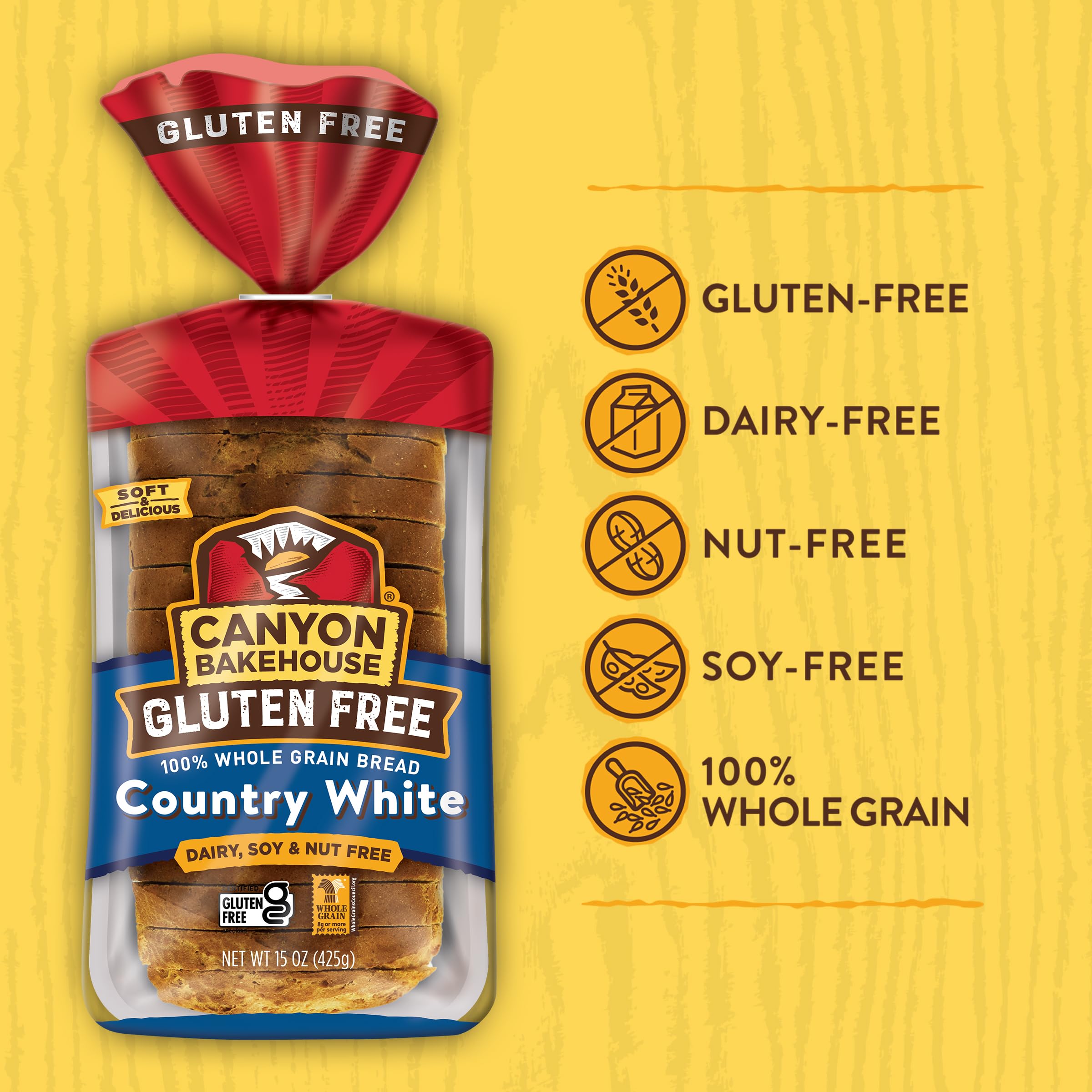 Canyon Bakehouse Gluten-Free Country White Bread - 15 Oz Pack | Soft & Delicious Wheat-Free Sandwich Bread for Breakfast, Lunch & Healthy Snacks