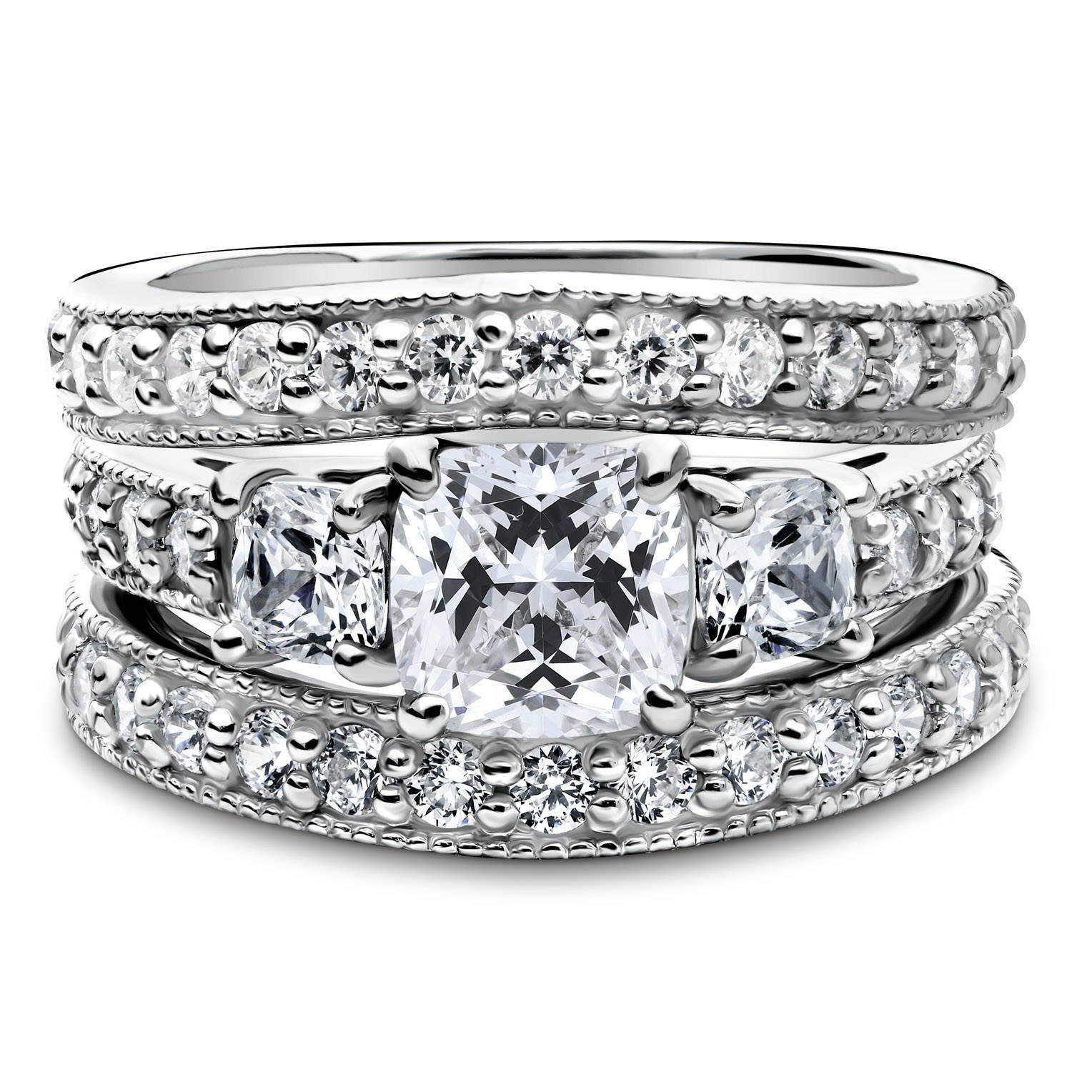 BERRICLE Sterling Silver 3-Stone Wedding Engagement Ring Set for Women - 1.5 Carat Cushion Cut Cubic Zirconia CZ, Rhodium Plated, Size 4-10 | Perfect for Proposals, Anniversaries & Bridal Jewelry