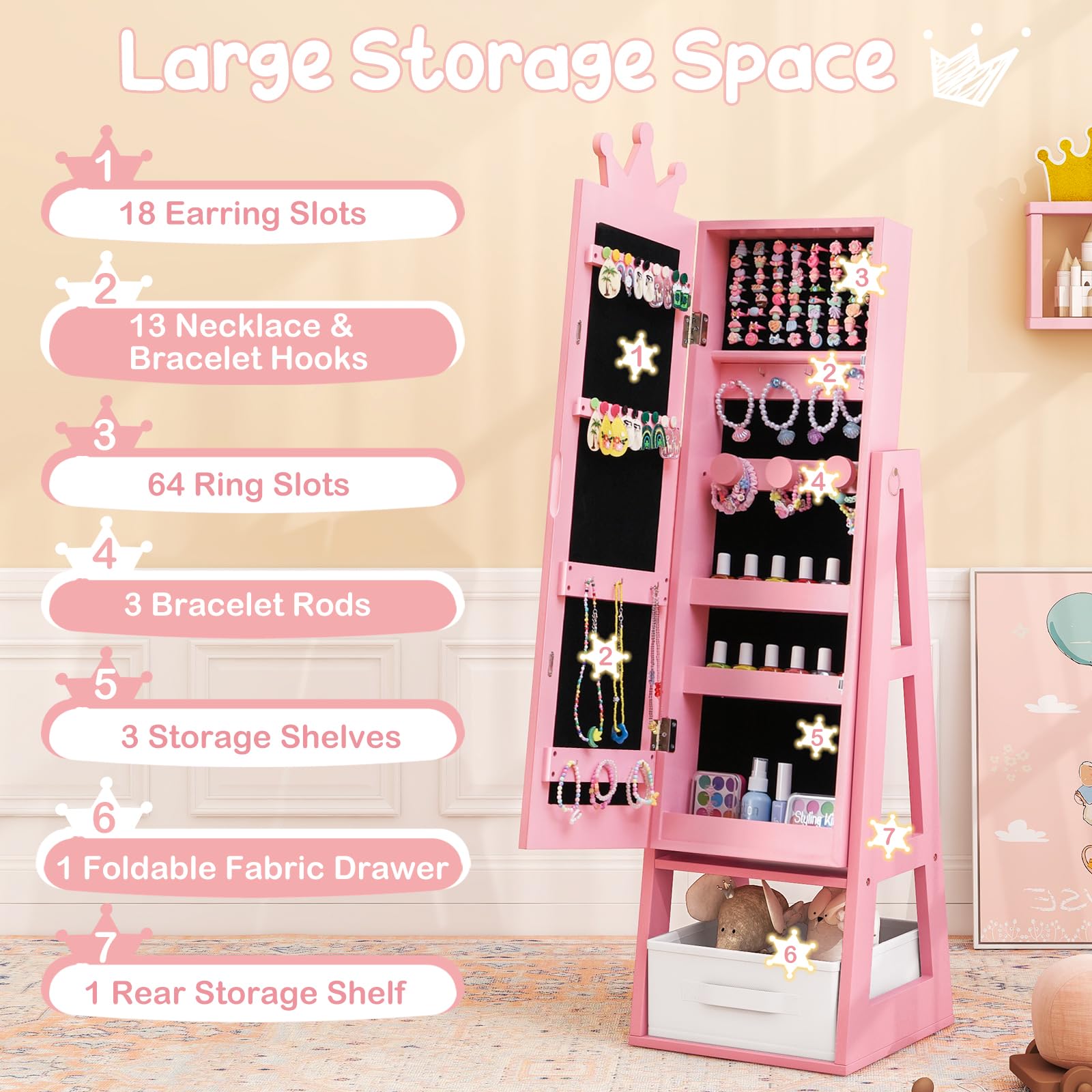 Costzon Kids Jewelry Armoire with Full-Length Mirror - 45.5