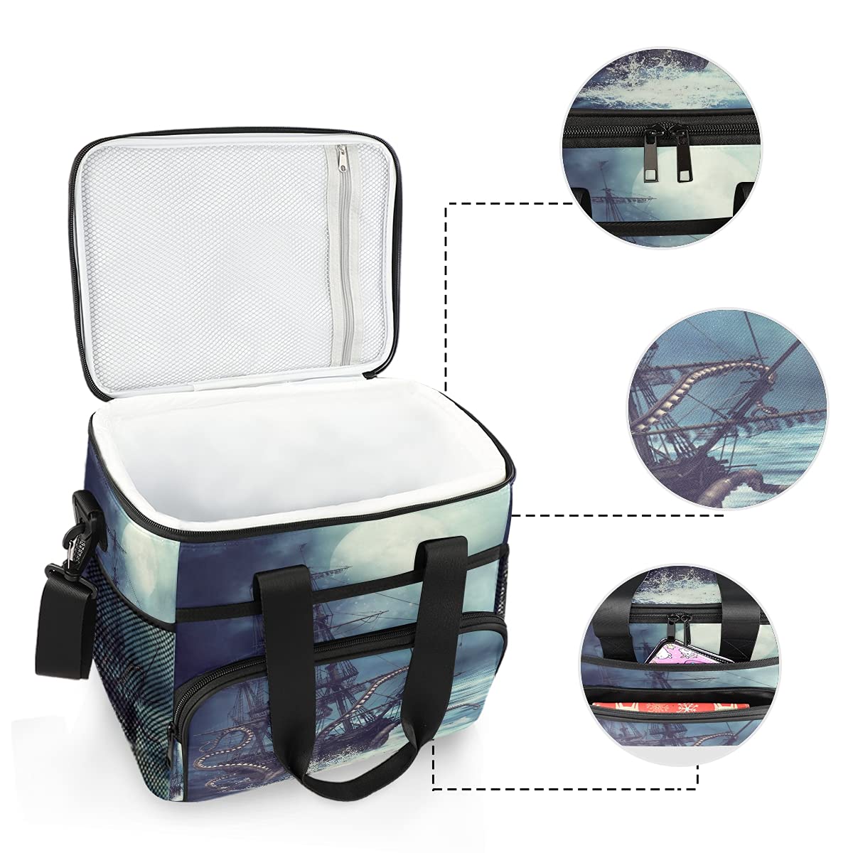 24-Can (15L) Insulated Lunch Box - Large Cooler Lunch Bag with Sea Pirate Boat & Tentacle Design, Soft Leakproof Cooling Tote for Men & Women - Perfect for Camping, Picnics, BBQs, Beach Trips & Outdoor Adventures