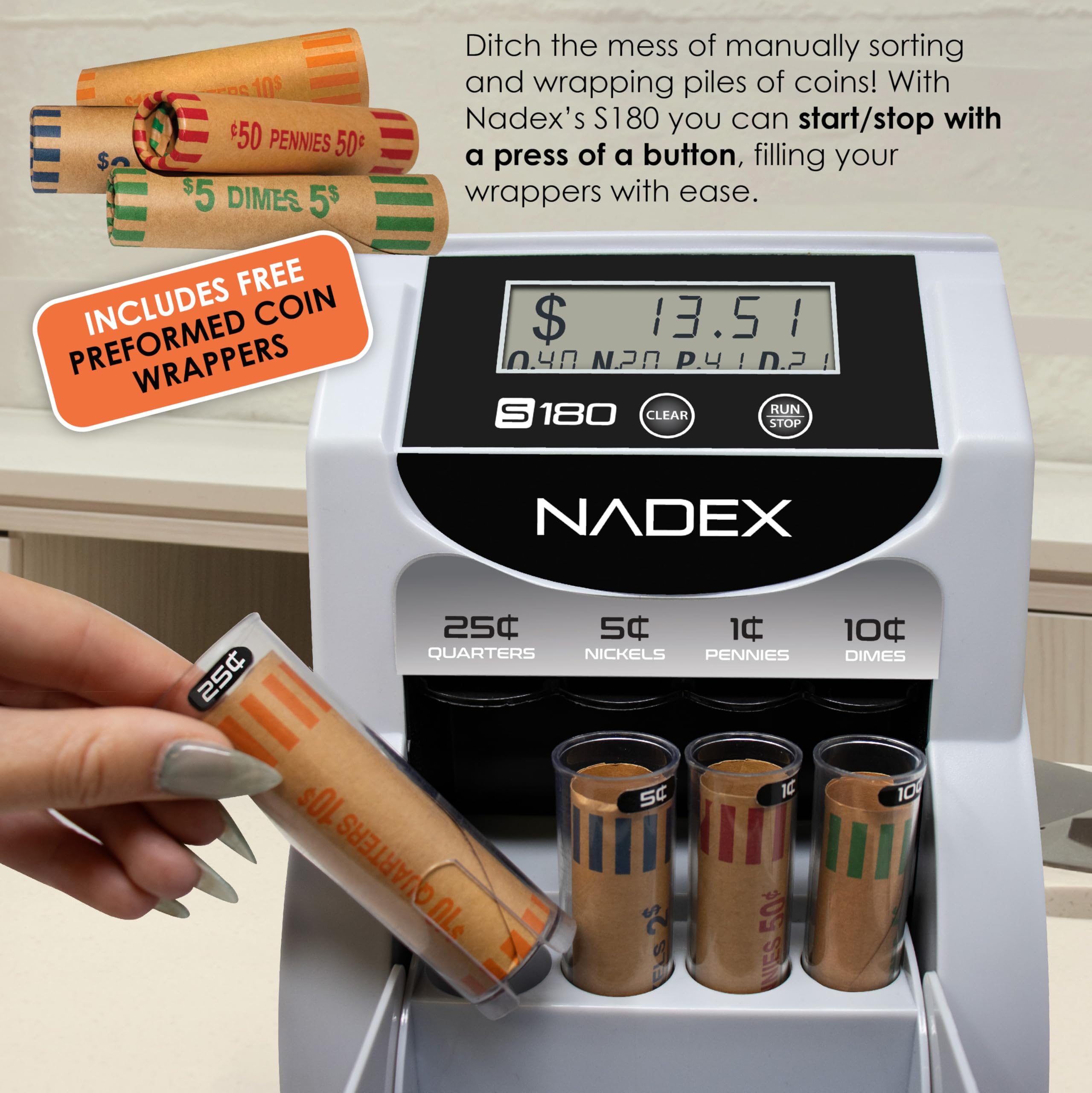Nadex S180 Digital Coin Counter Machine - Automatic Coin Sorter, Counter & Wrapper for US Coins | Fast Batch Counting & Rolling | Perfect for Banks, Retail Stores & Home Use