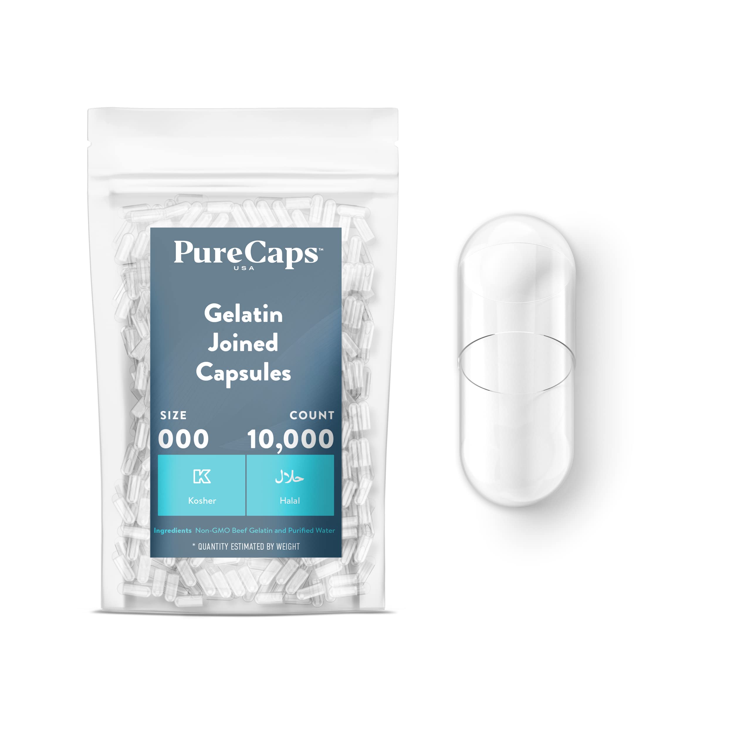Purecaps USA - 10,000 Empty Gelatin Pill Capsules Size 000 | Clear, Non-GMO Certified | SLS, Gluten & Preservative Free | DIY Supplement Filling for Vitamins, Herbs & Medications