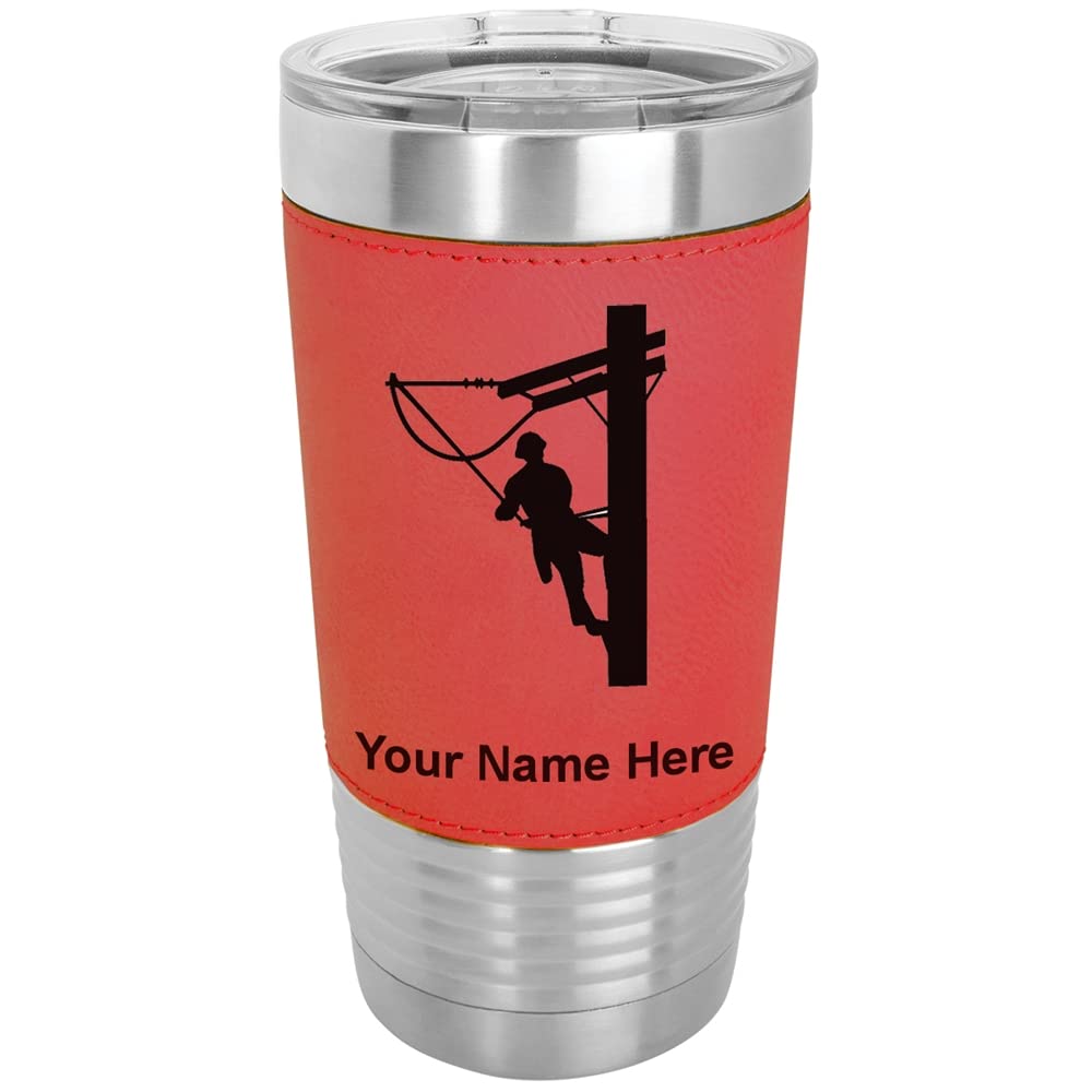 LaserGram 20oz Vacuum Insulated Stainless Steel Tumbler Mug with Leakproof Lid - Custom Engraved Personalized Gift for Linemen, Electricians & Outdoor Workers (Faux Leather Handle, Red) - Perfect for Coffee, Tea & Cold Drinks at Work, Job Sites or Camping