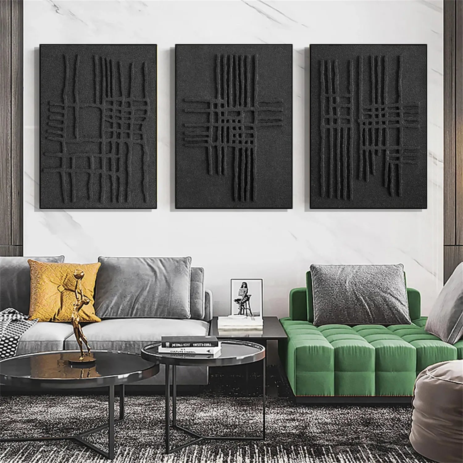 Black Minimalist Textured Painting Canvas Set of 3 - Modern Abstract Wall Art for Living Room, Bedroom & Office Decor #MZ119