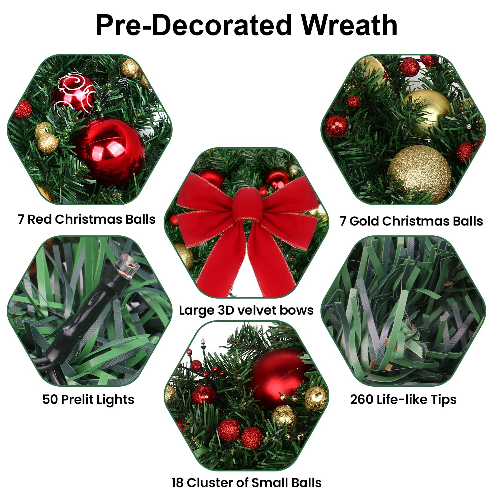 24 Inch Prelit Christmas Wreath with Battery Operated LED Lights & Remote - Waterproof Outdoor Holiday Door Wreath with Timer, 50 Warm White LEDs, Wreath Hanger & Ball Ornaments - Perfect for Front Door, Fireplace, Window & Christmas Home Decorations